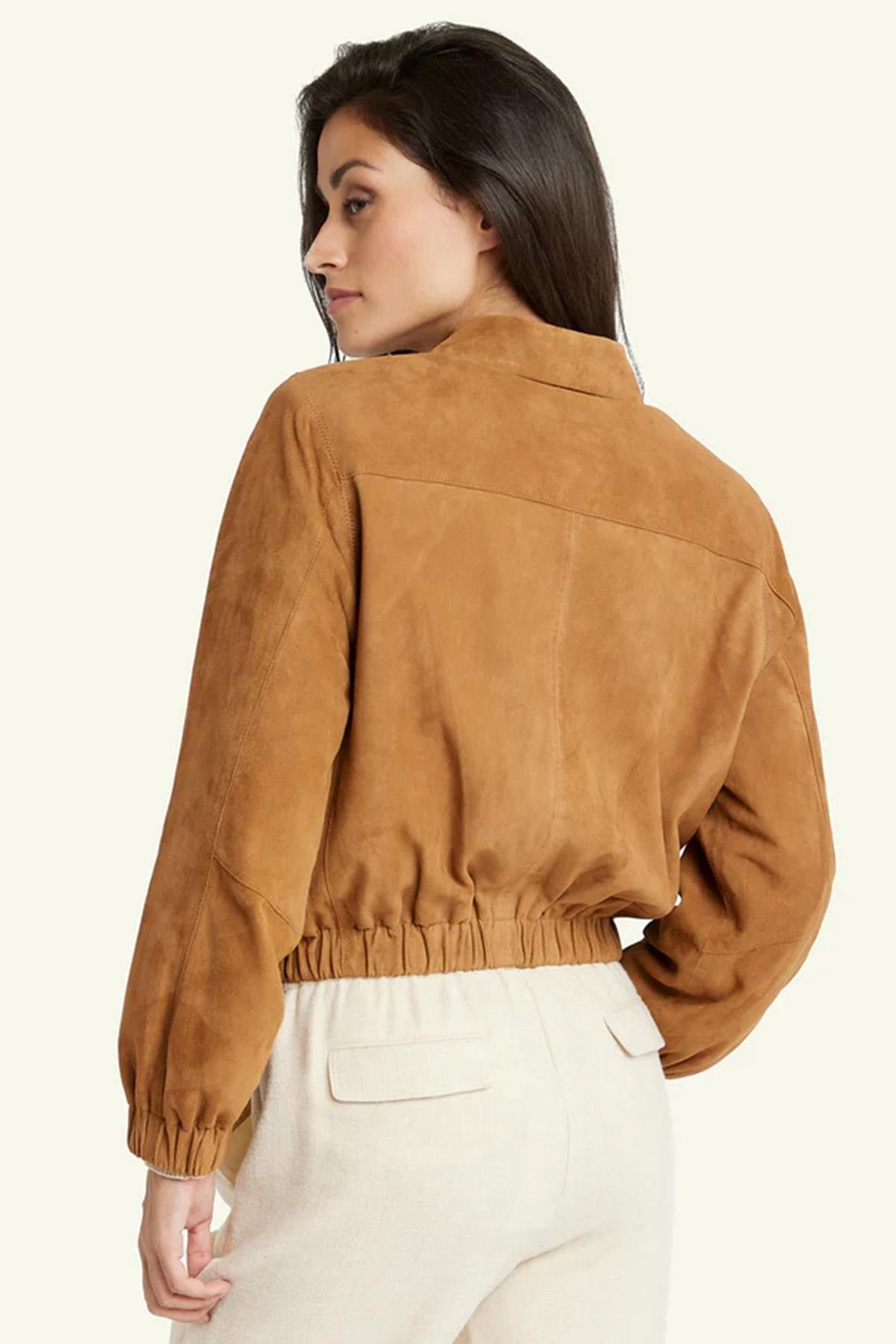 Women's cognac-colored suede leather jacket - Image n°2