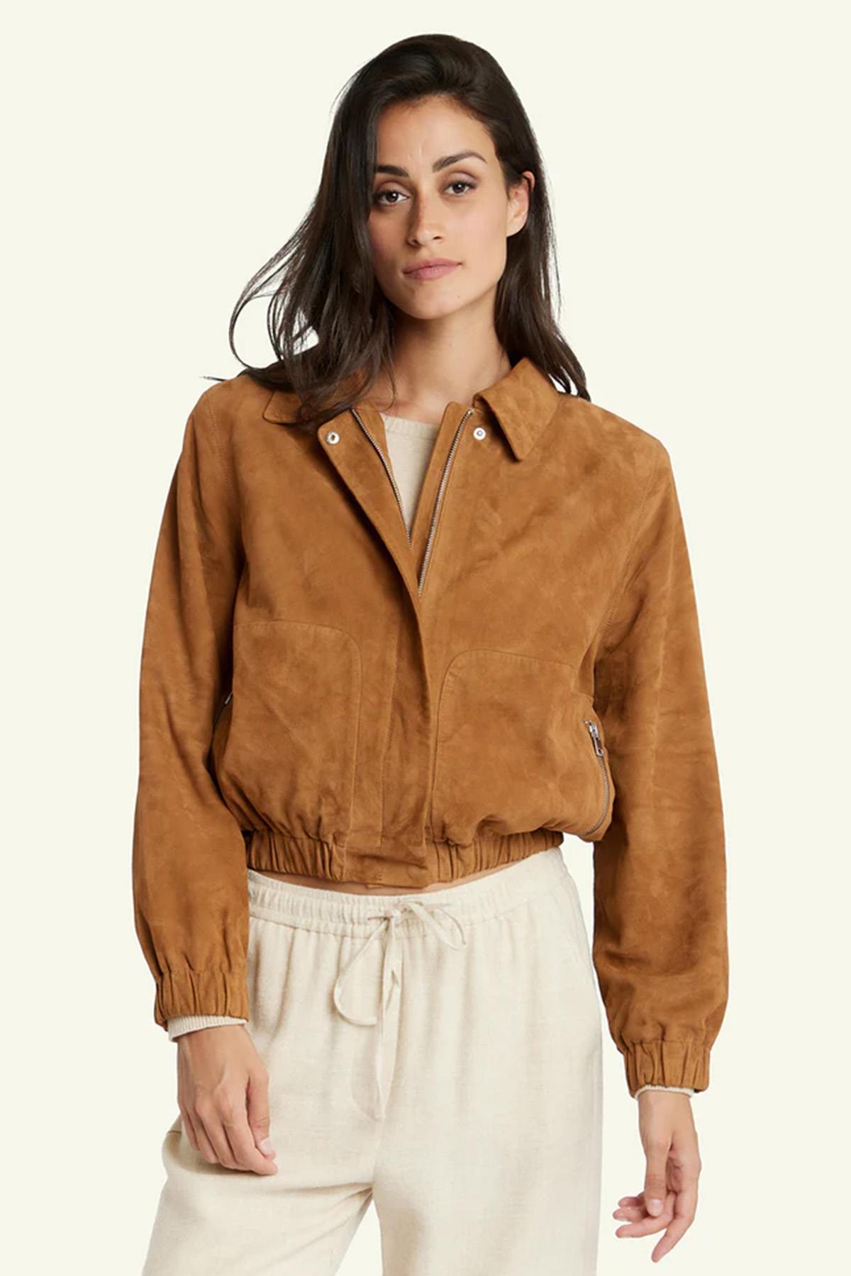 Women's cognac-colored suede leather jacket - Image n°1