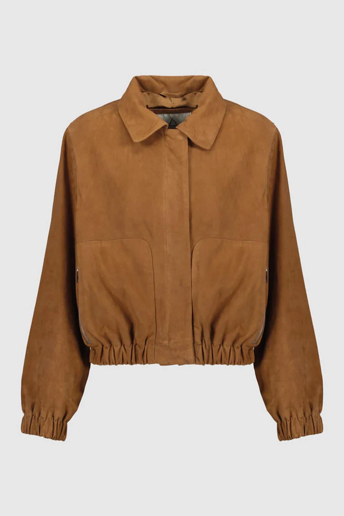 Women's cognac-colored suede leather jacket - Image n°5