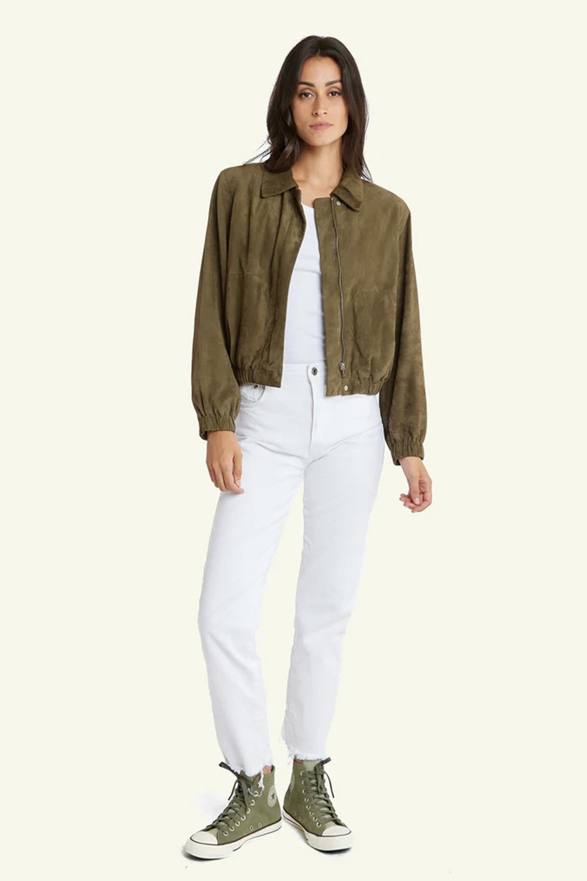 Women’s khaki-colored suede leather jacket - Image n°4