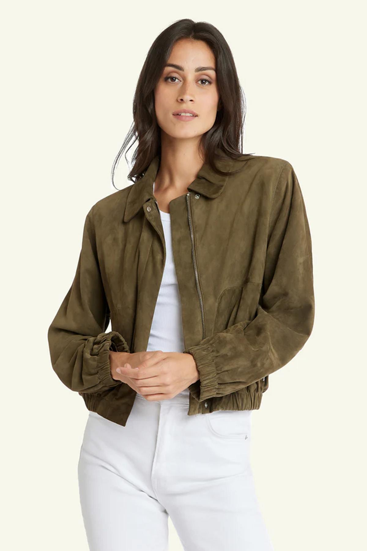 Women’s khaki-colored suede leather jacket - Image n°1