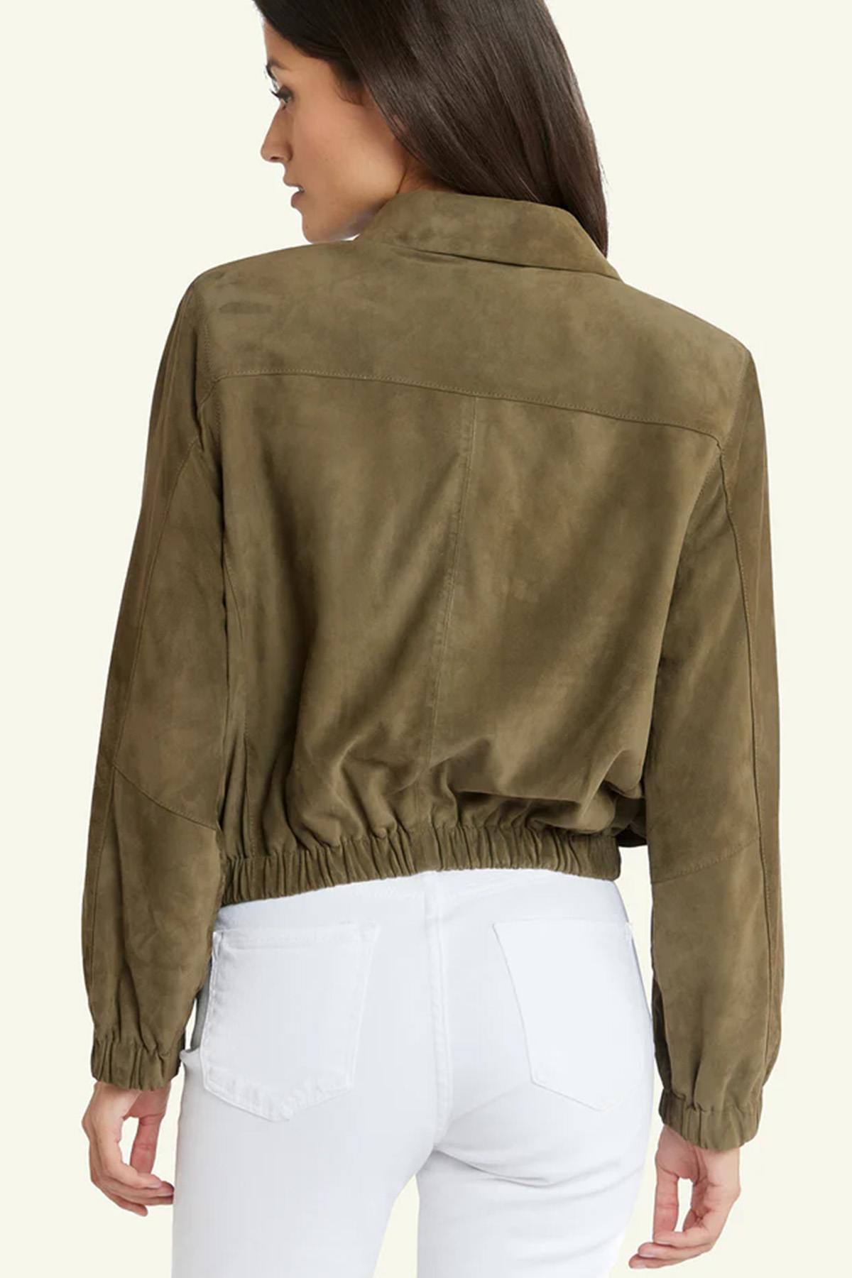 Women’s khaki-colored suede leather jacket - Image n°3