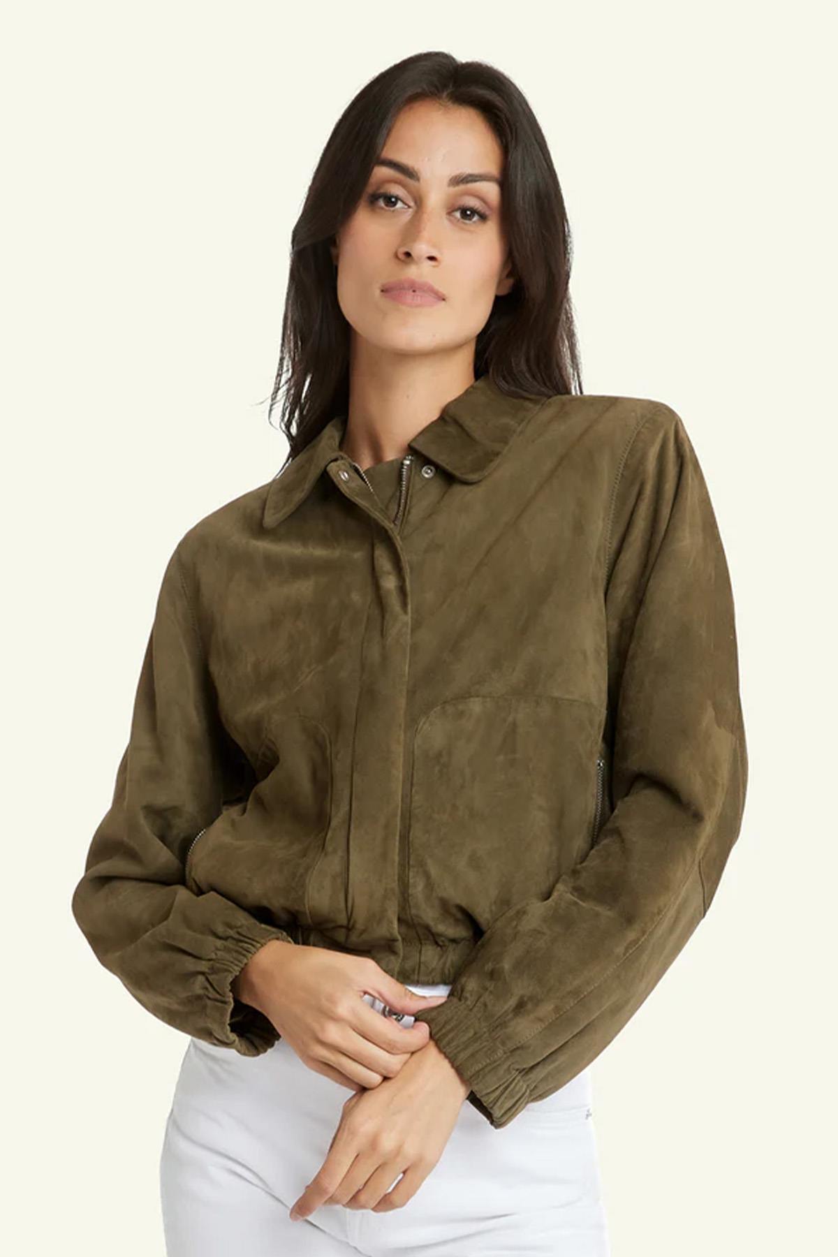 Women’s khaki-colored suede leather jacket - Image n°5