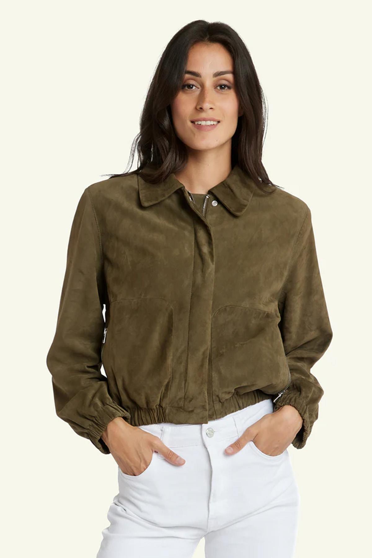 Women’s khaki-colored suede leather jacket - Image n°2