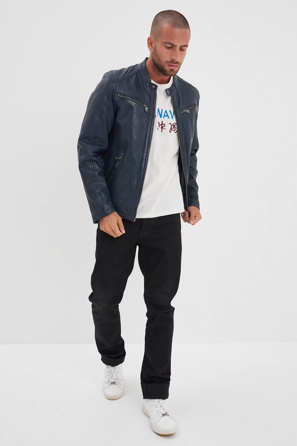 Men's navy blue vegetable leather jacket with biker collar - Image n°4