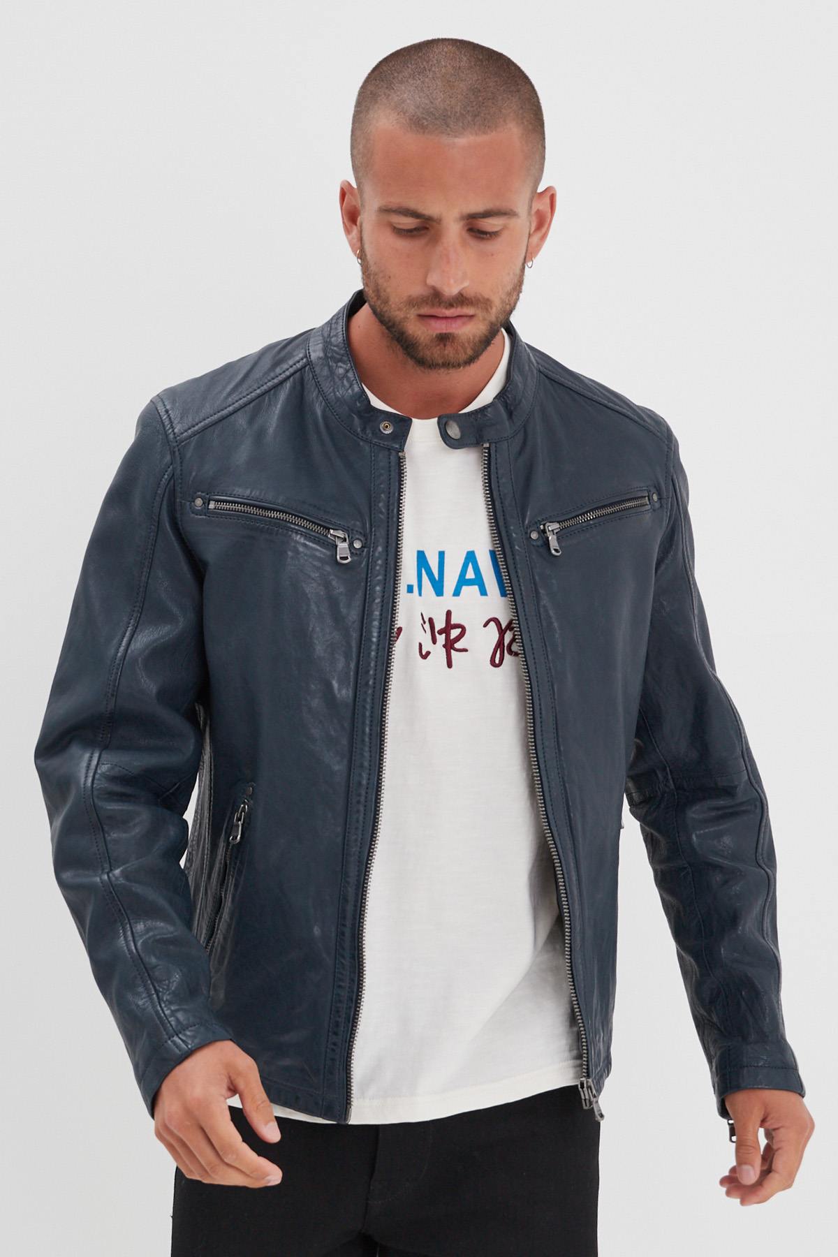 Men's navy blue vegetable leather jacket with biker collar - Image n°1