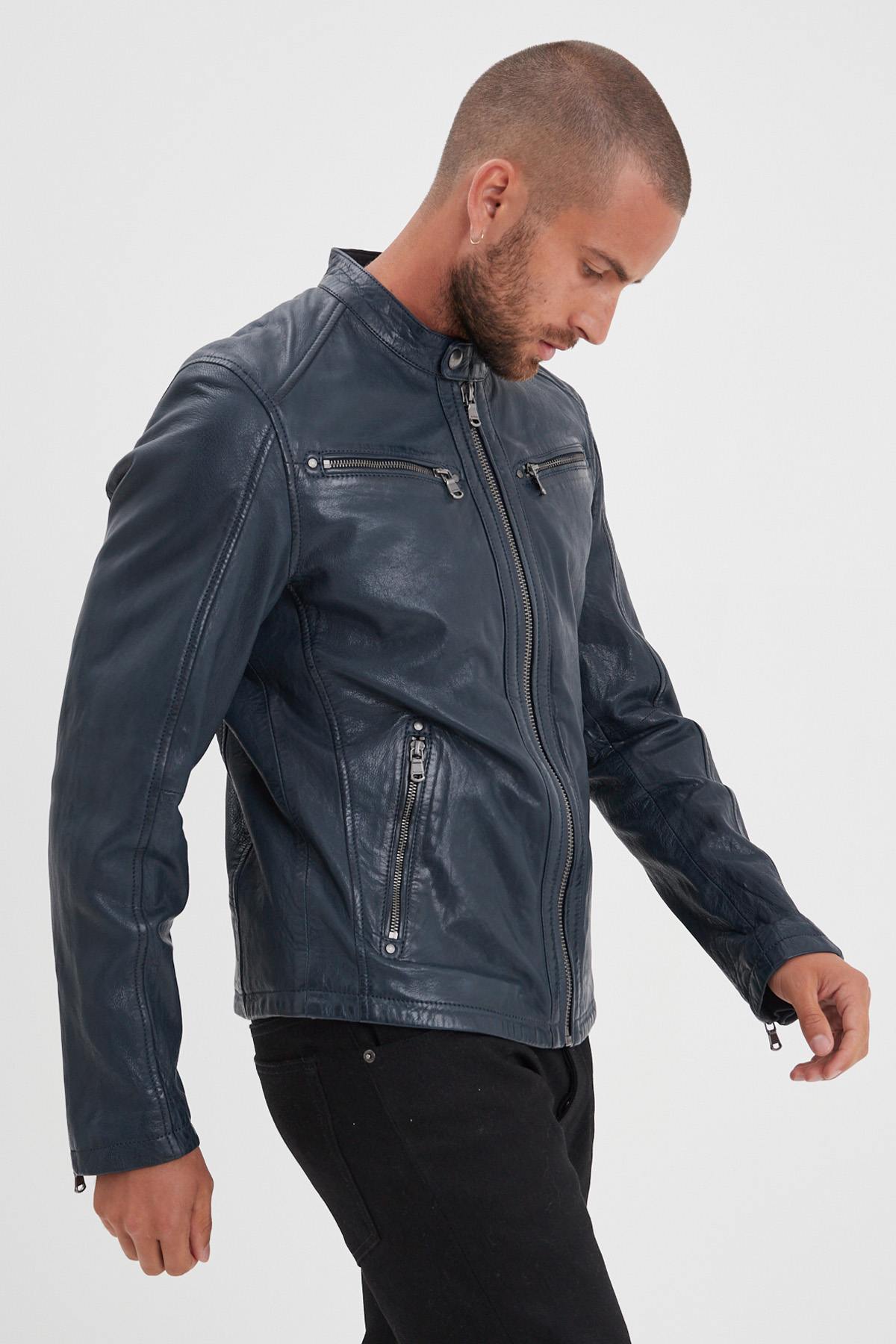 Men's navy blue vegetable leather jacket with biker collar - Image n°3