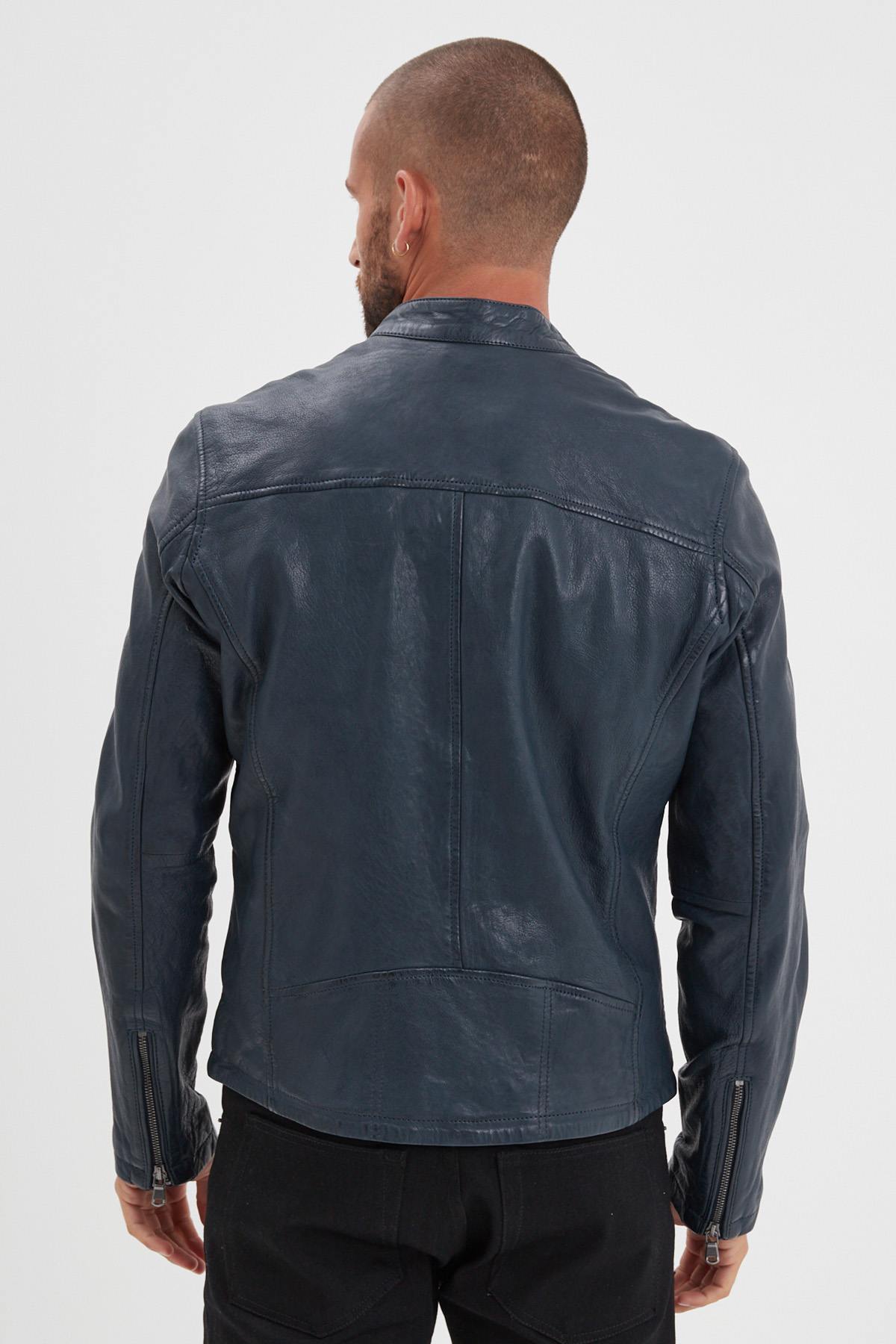 Men's navy blue vegetable leather jacket with biker collar - Image n°5