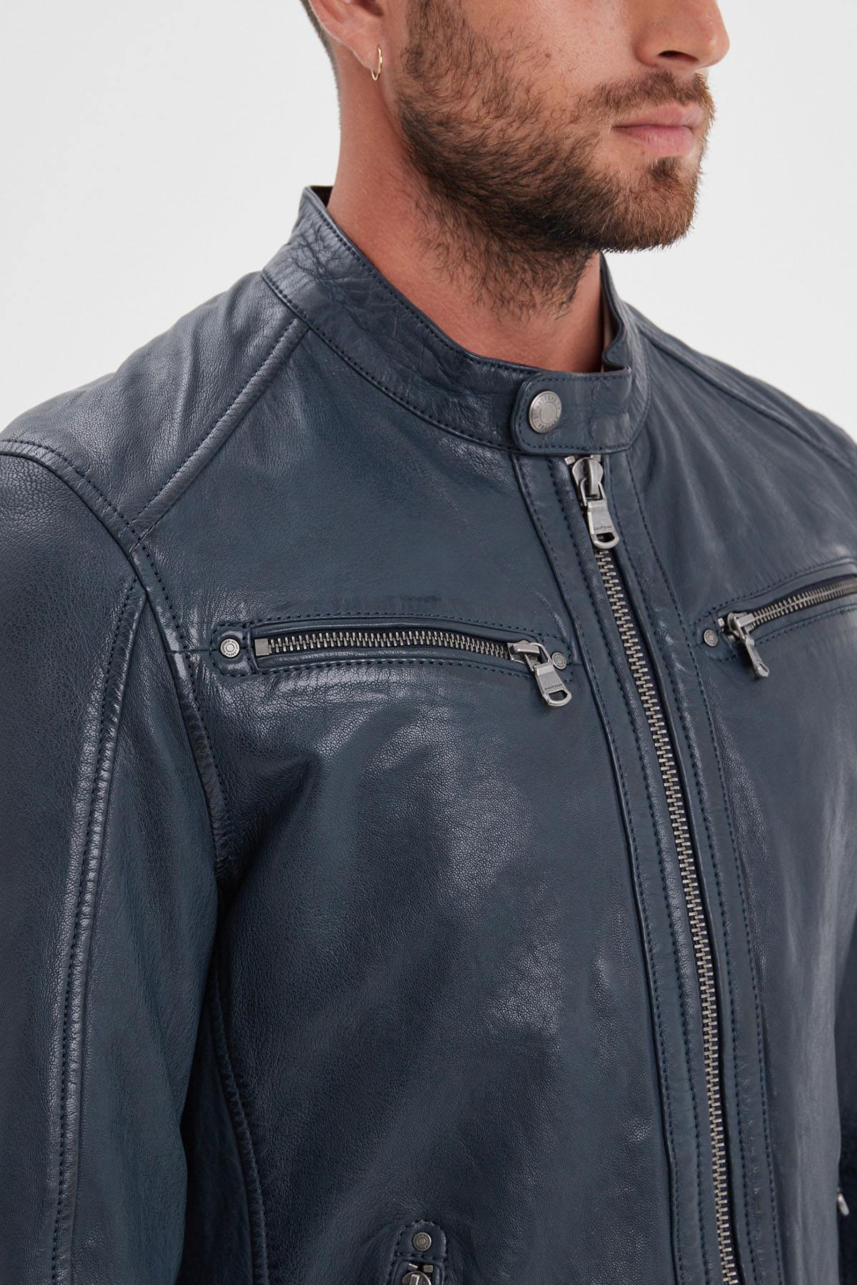 Men's navy blue vegetable leather jacket with biker collar - Image n°2