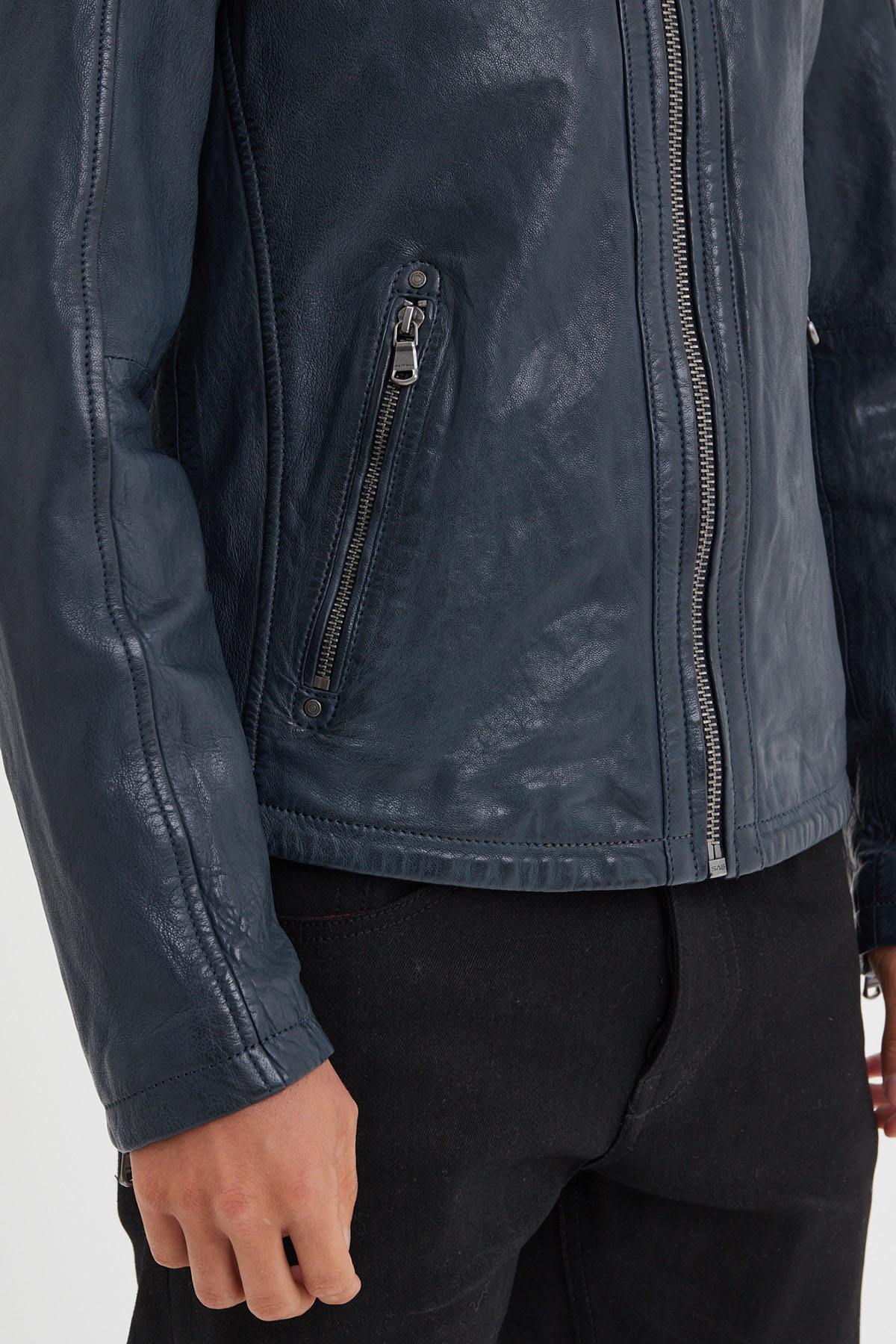 Men's navy blue vegetable leather jacket with biker collar - Image n°6