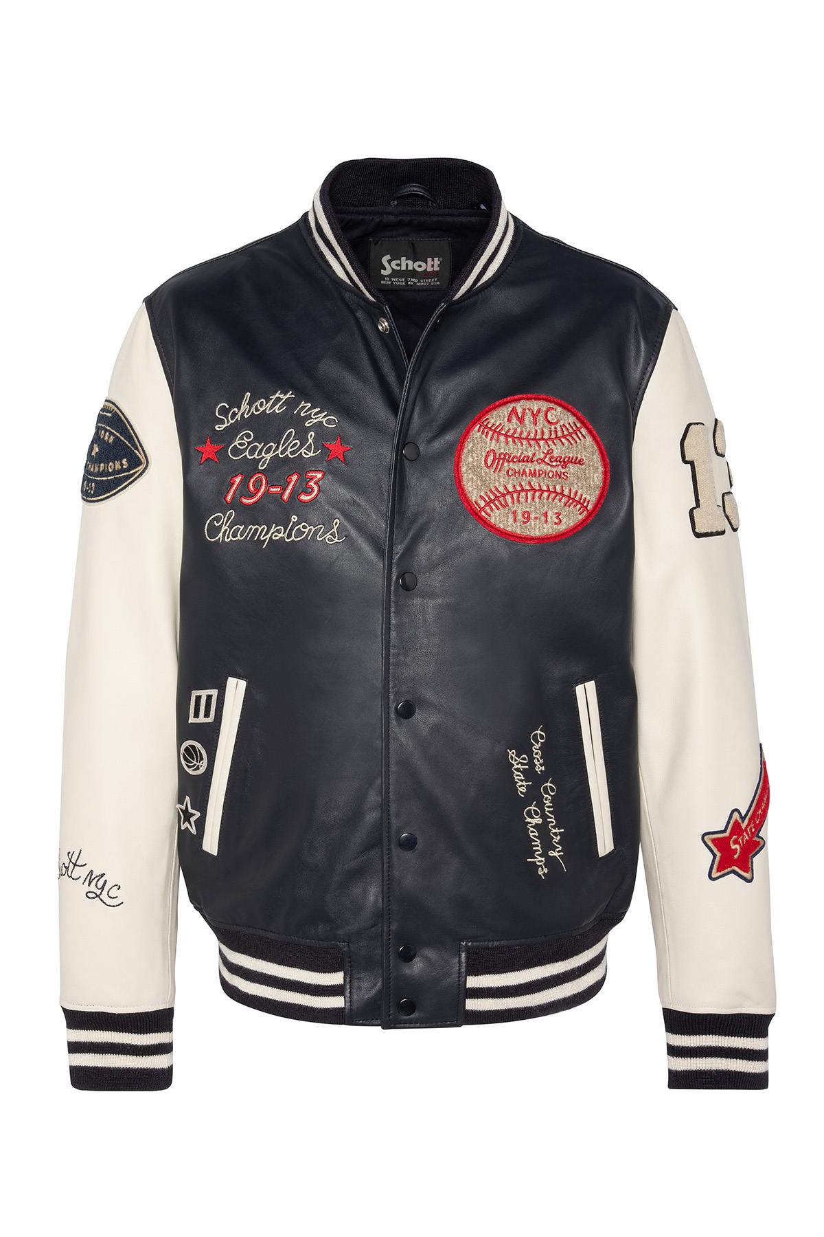 Varsity teddy in off-white and navy blue leather - Image n°6