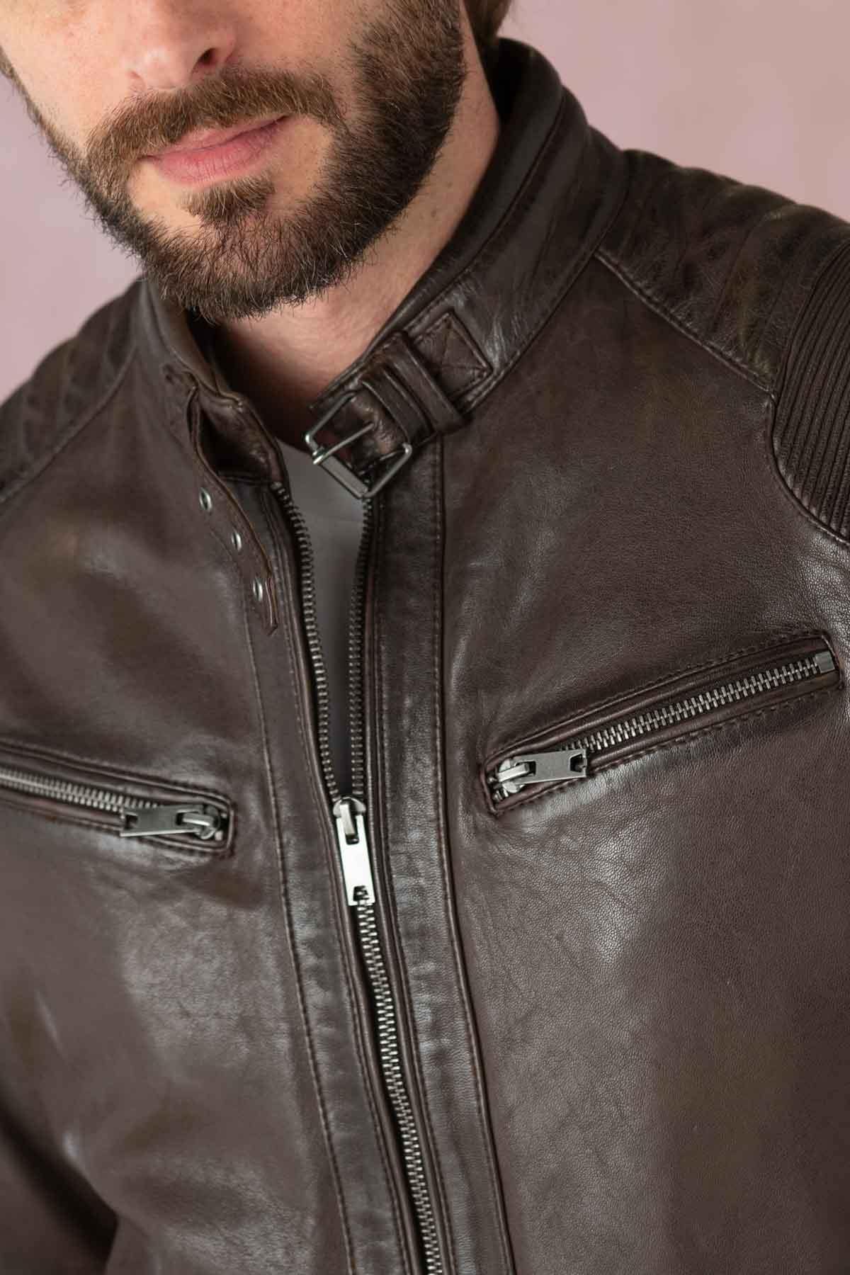 Mocha-colored leather jacket with biker collar - Image n°5