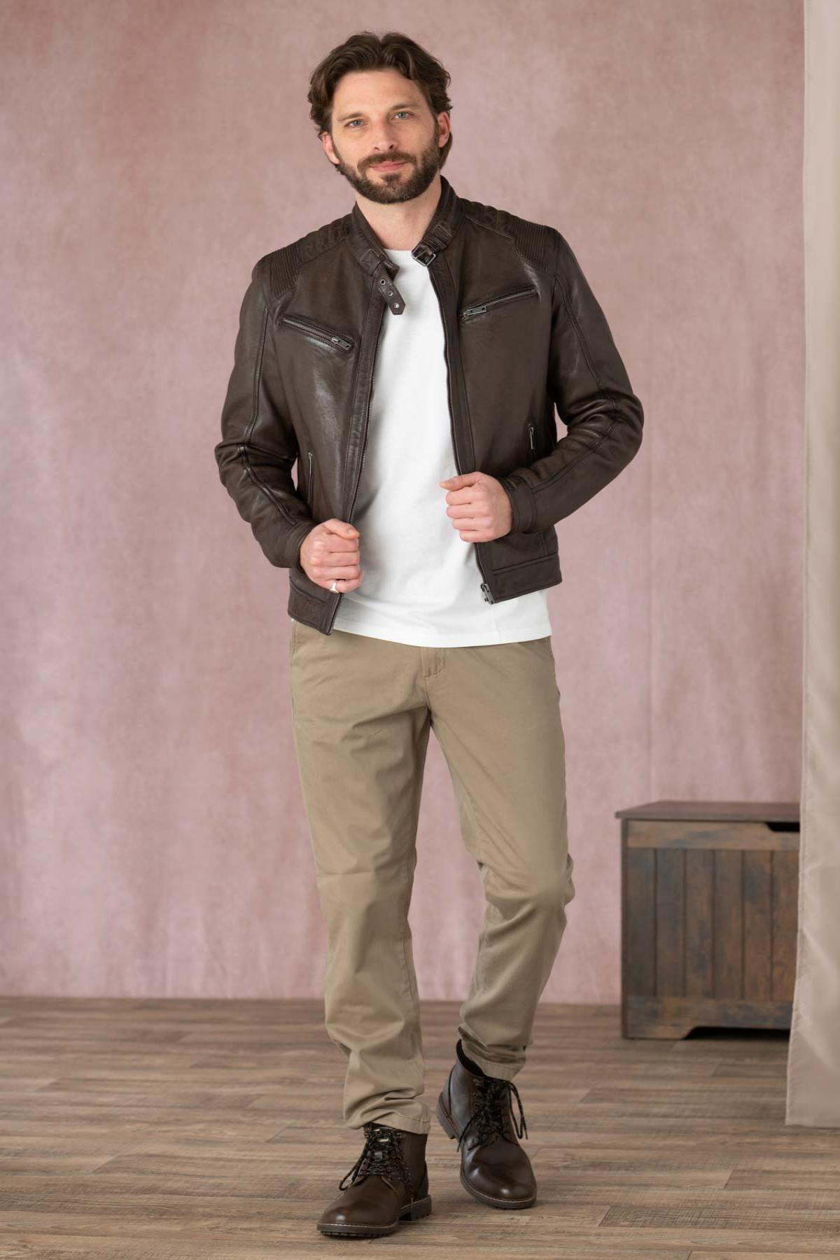 Mocha-colored leather jacket with biker collar - Image n°2