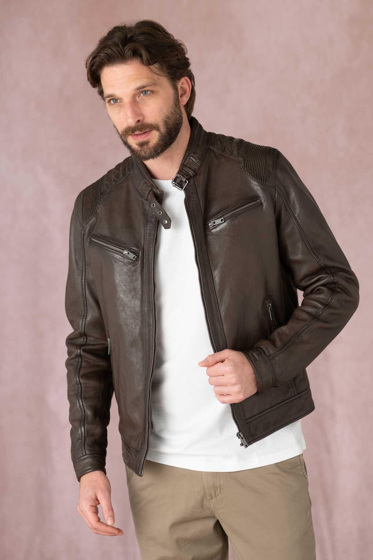 Mocha-colored leather jacket with biker collar - Image n°1