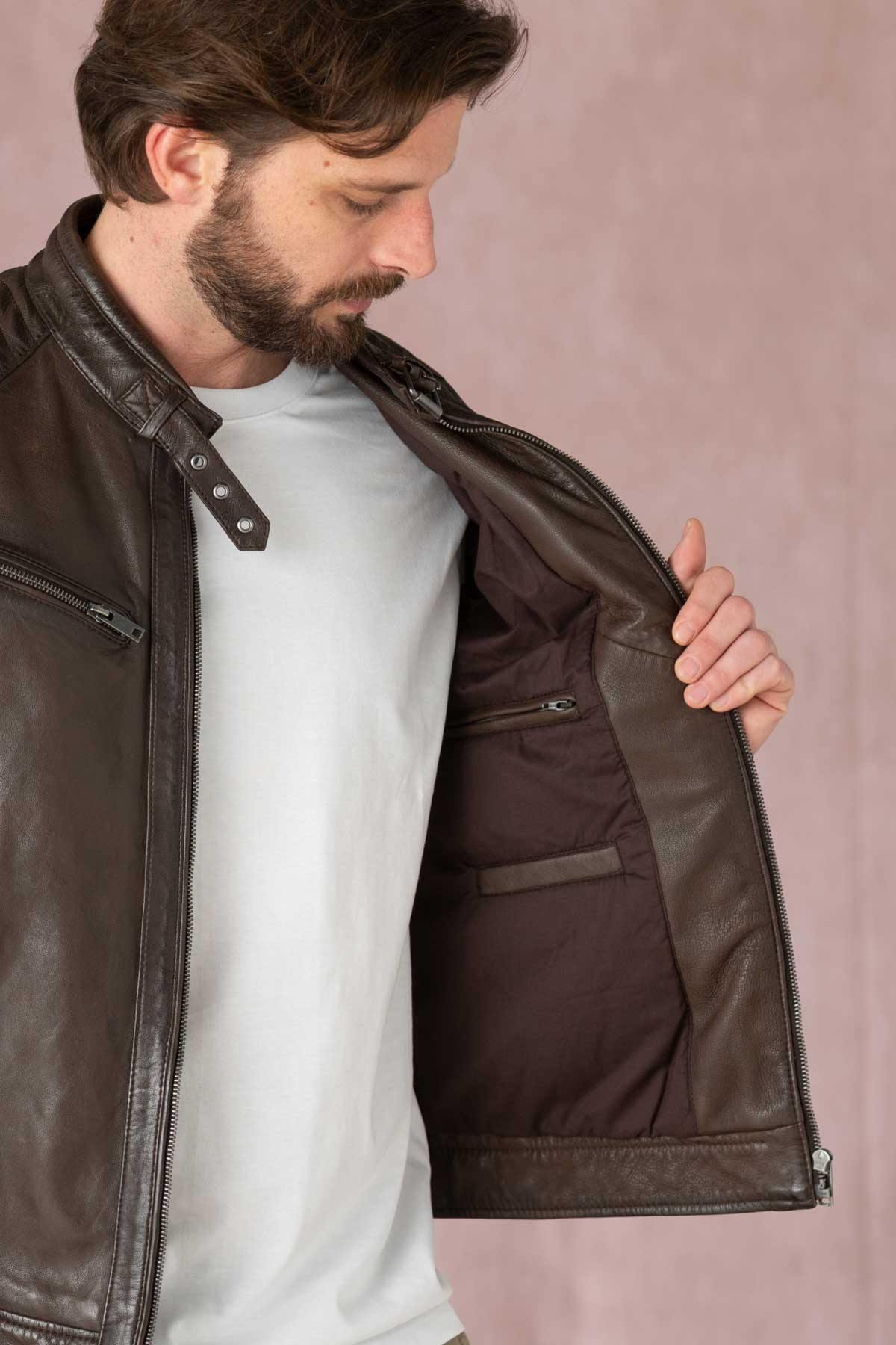 Mocha-colored leather jacket with biker collar - Image n°6