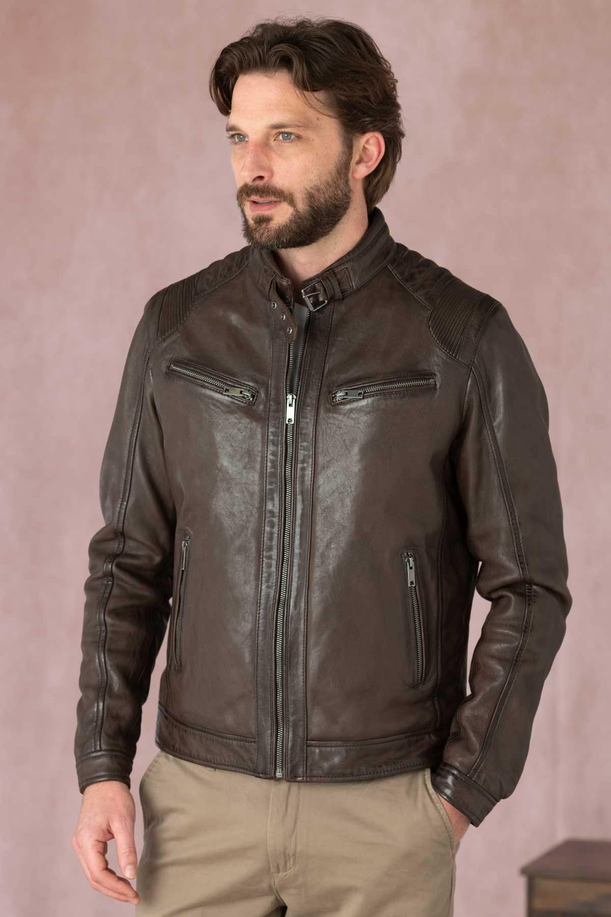 Mocha-colored leather jacket with biker collar - Image n°3