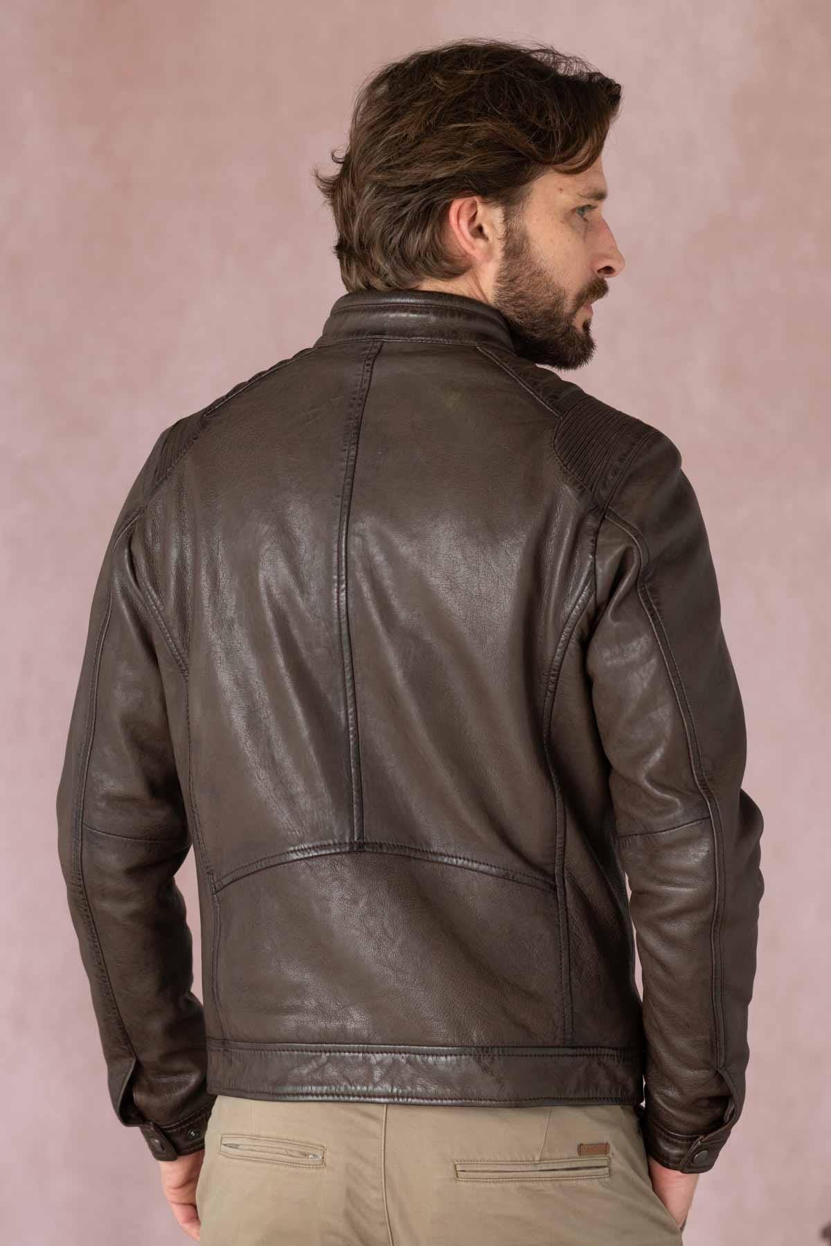 Mocha-colored leather jacket with biker collar - Image n°4