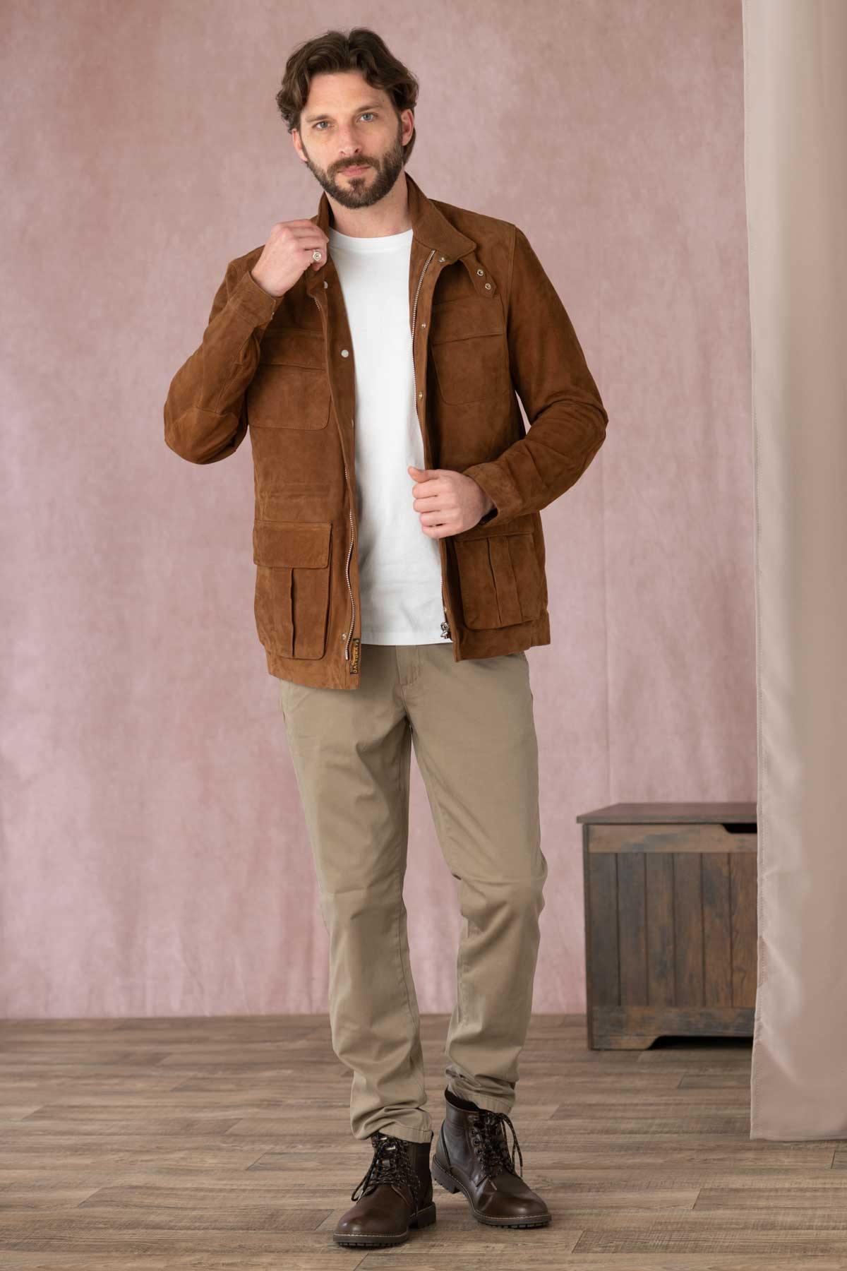 Men's tobacco-colored suede leather worker jacket - Image n°2