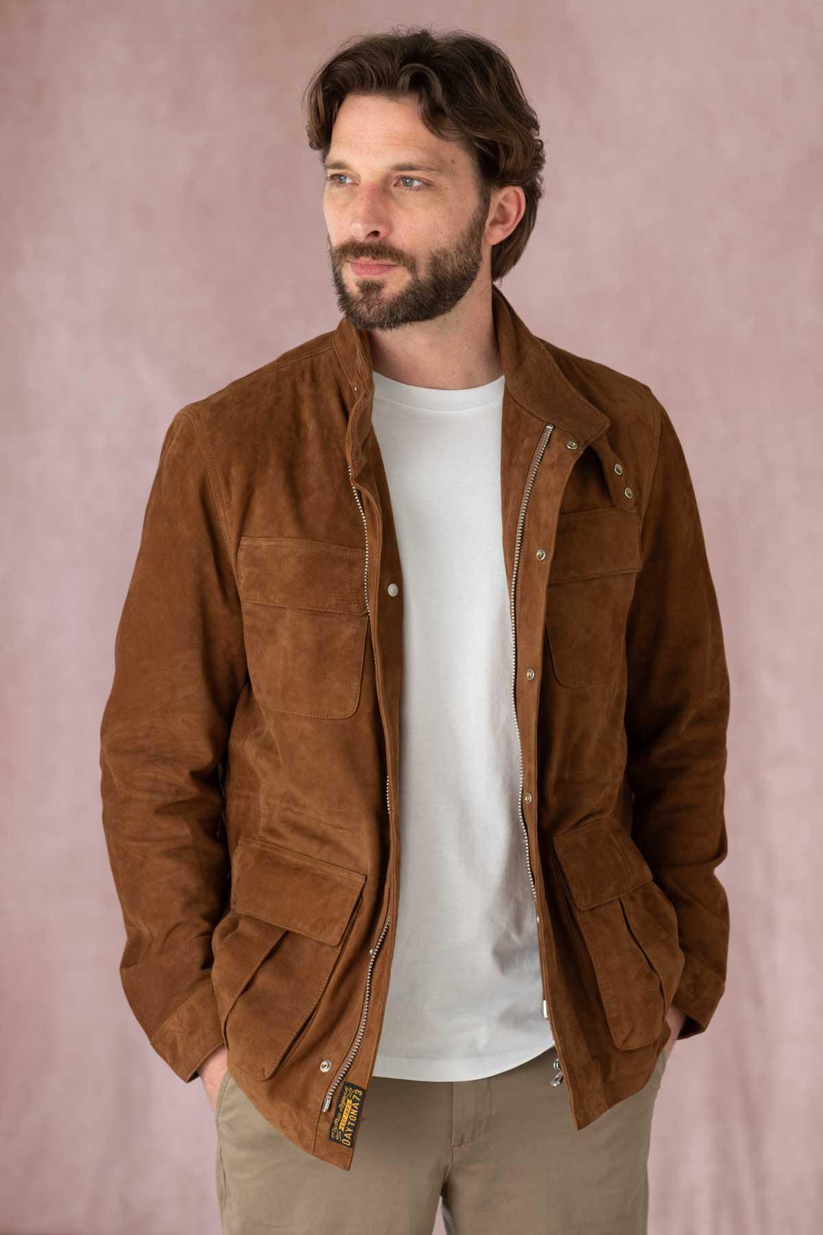 Men's tobacco-colored suede leather worker jacket - Image n°1