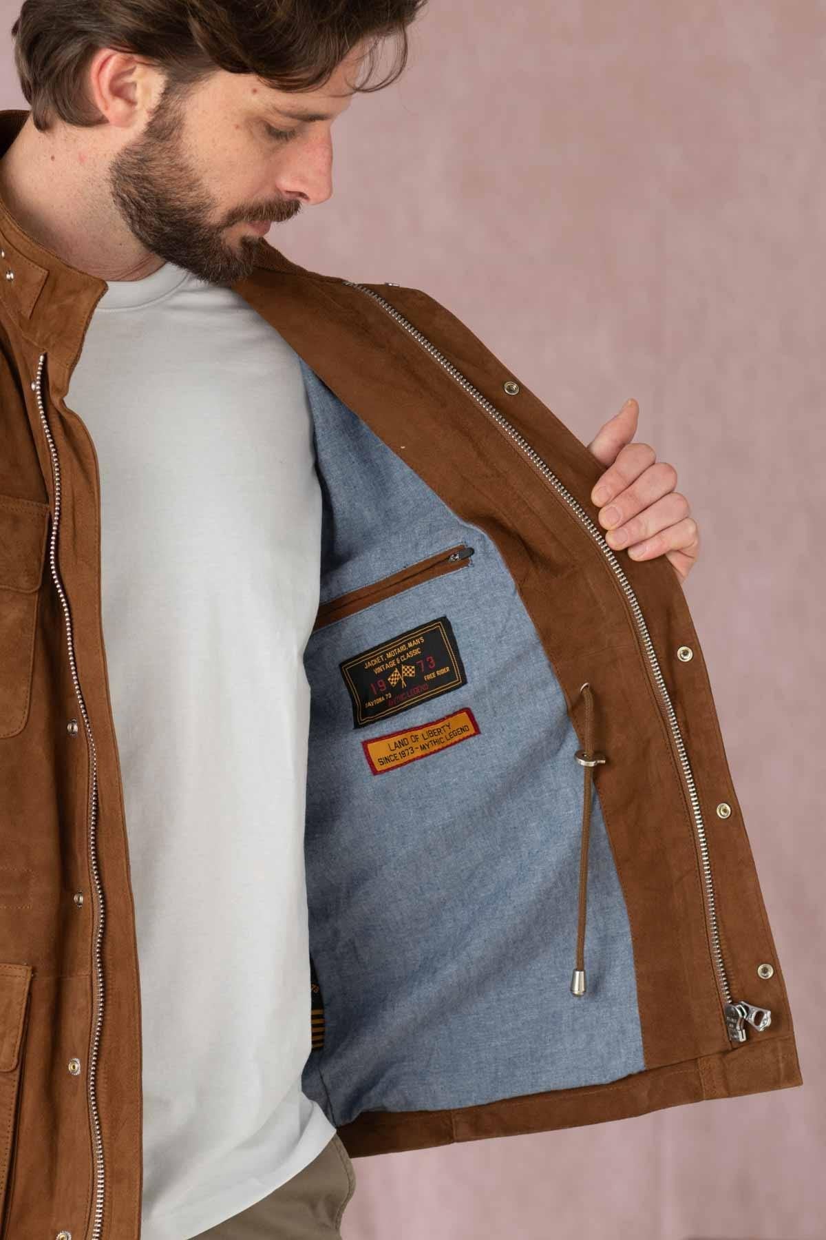 Men's tobacco-colored suede leather worker jacket - Image n°7