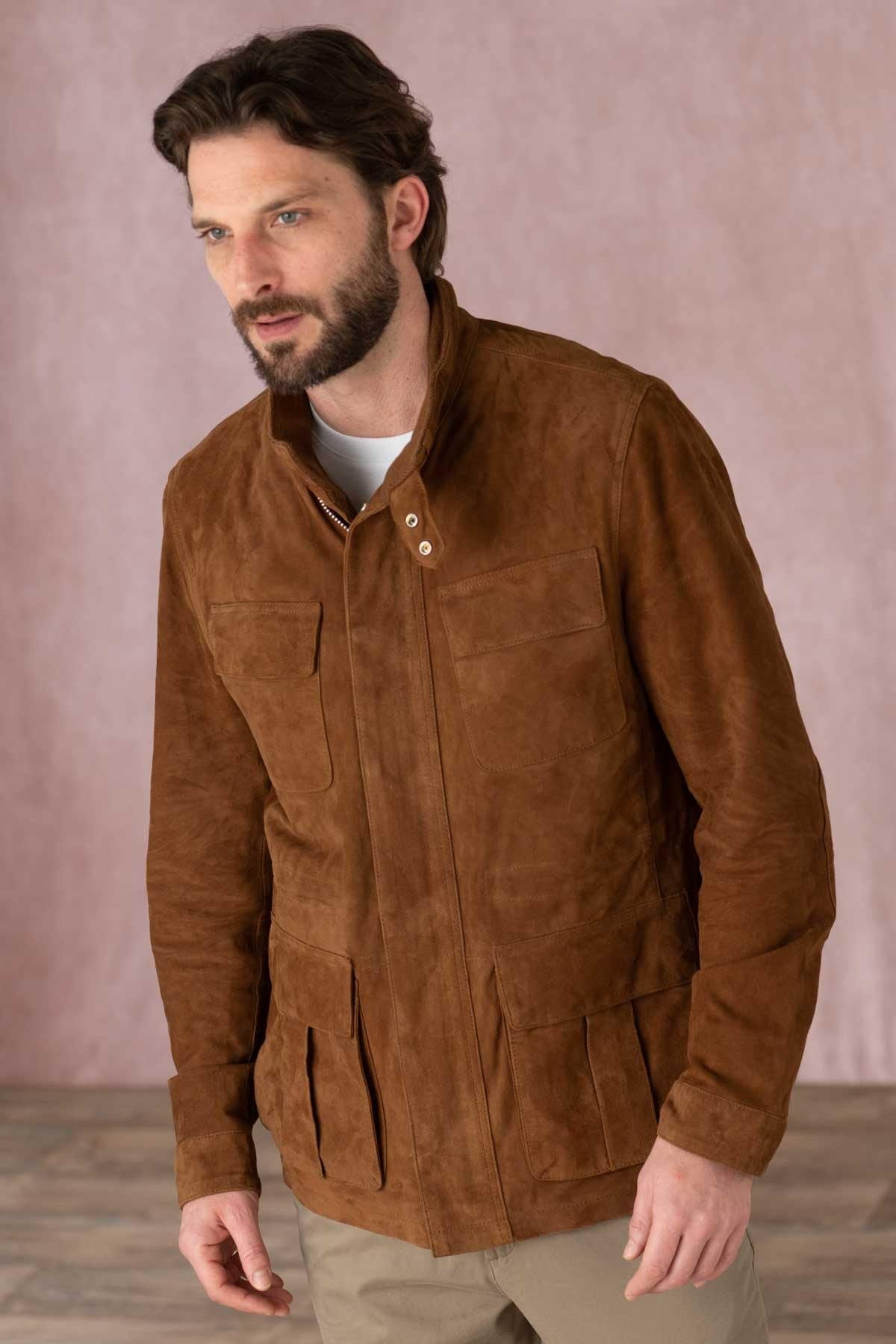 Men's tobacco-colored suede leather worker jacket - Image n°5