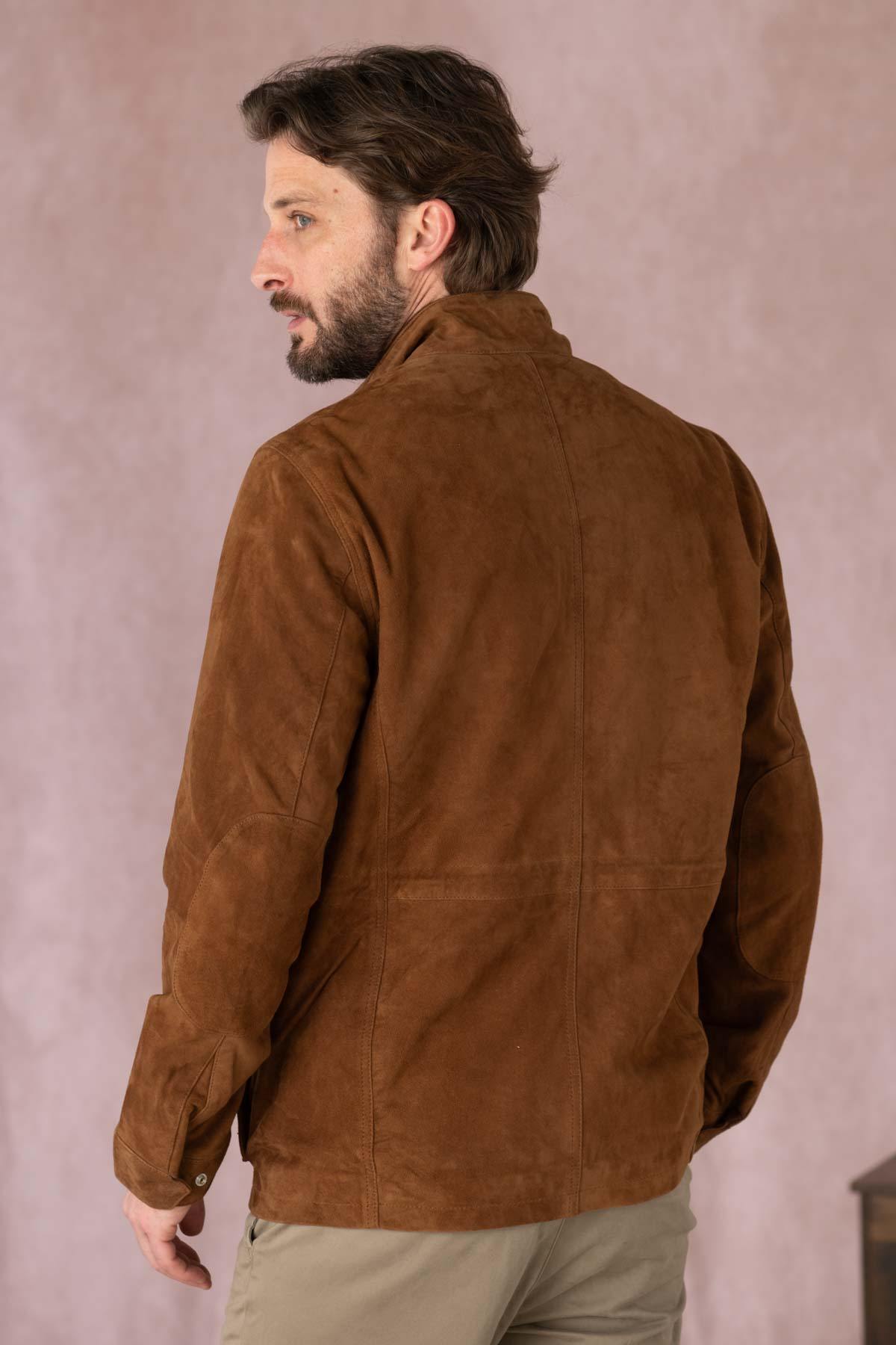 Men's tobacco-colored suede leather worker jacket - Image n°6