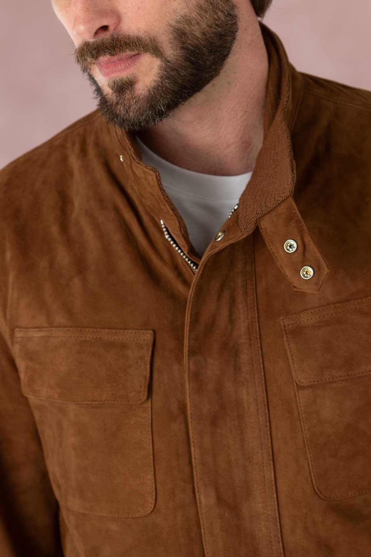 Men's tobacco-colored suede leather worker jacket - Image n°3