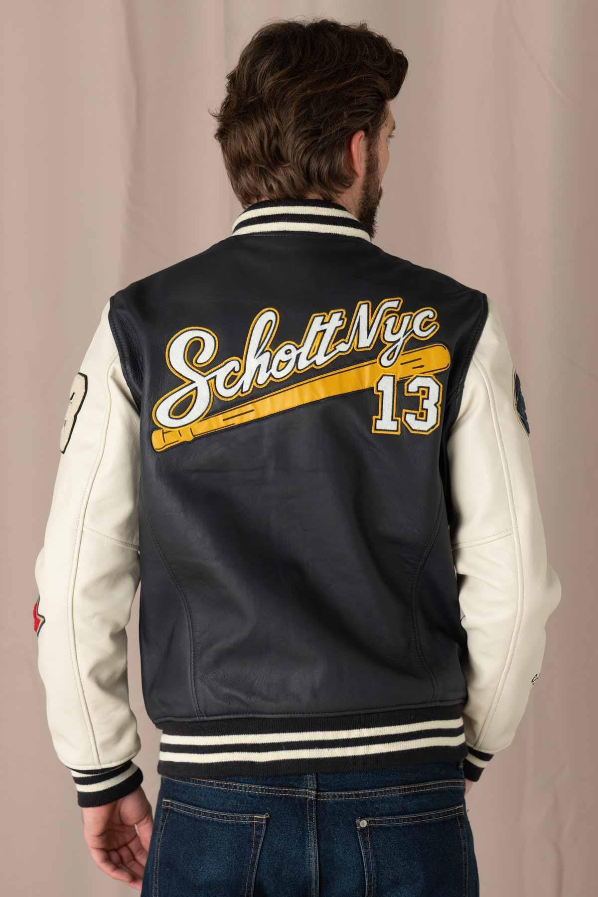 Varsity teddy in off-white and navy blue leather - Image n°5