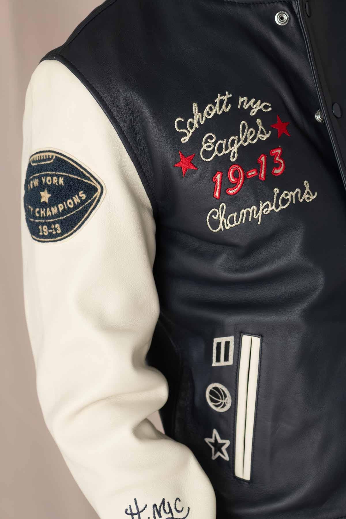 Varsity teddy in off-white and navy blue leather - Image n°7