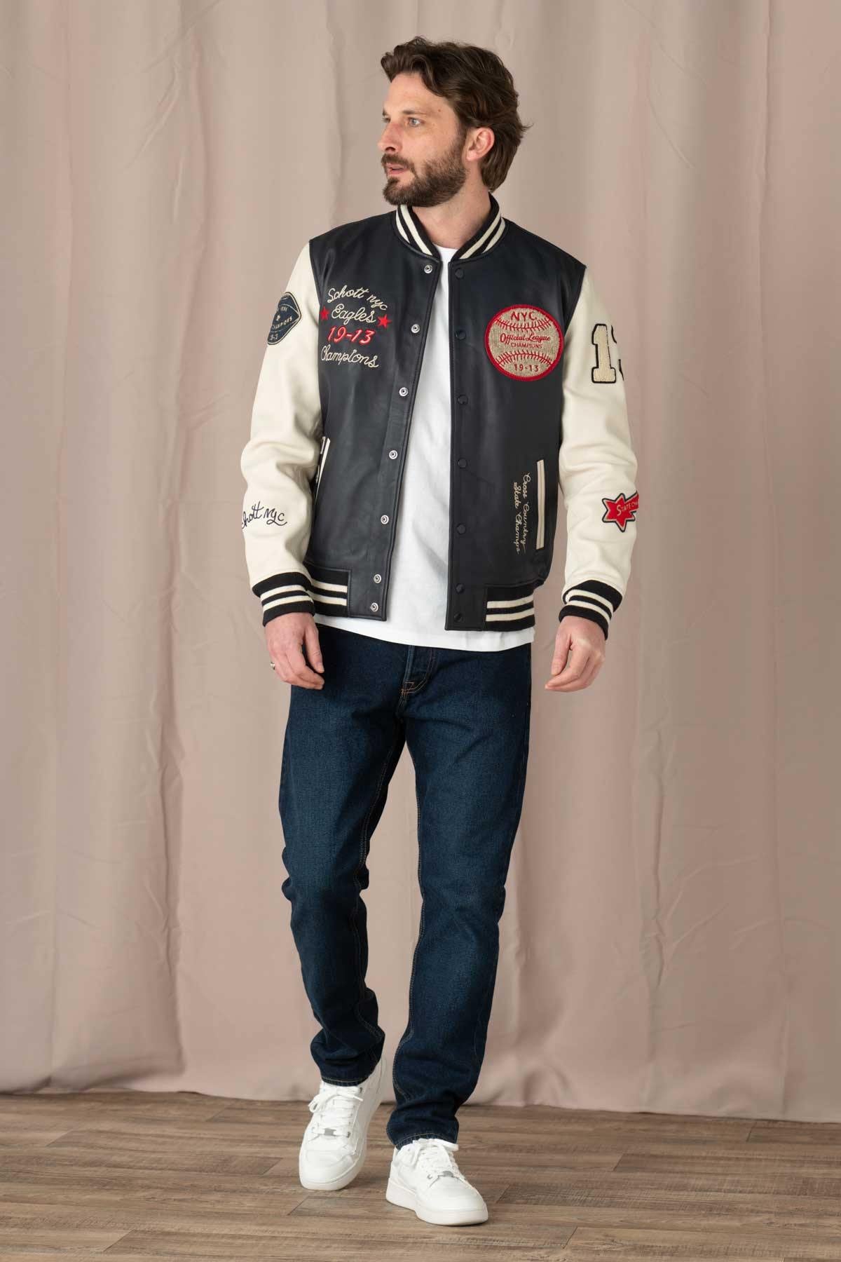 Varsity teddy in off-white and navy blue leather - Image n°3