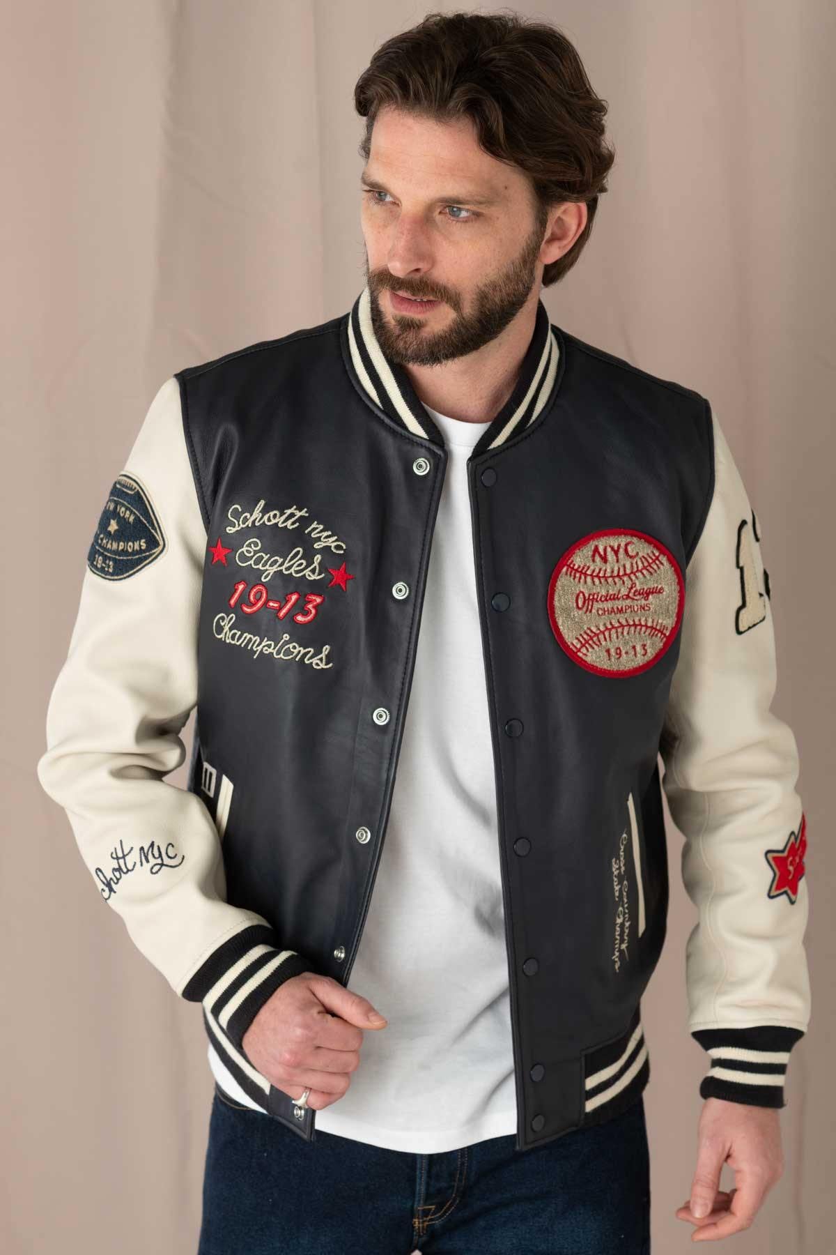 Varsity teddy in off-white and navy blue leather - Image n°1