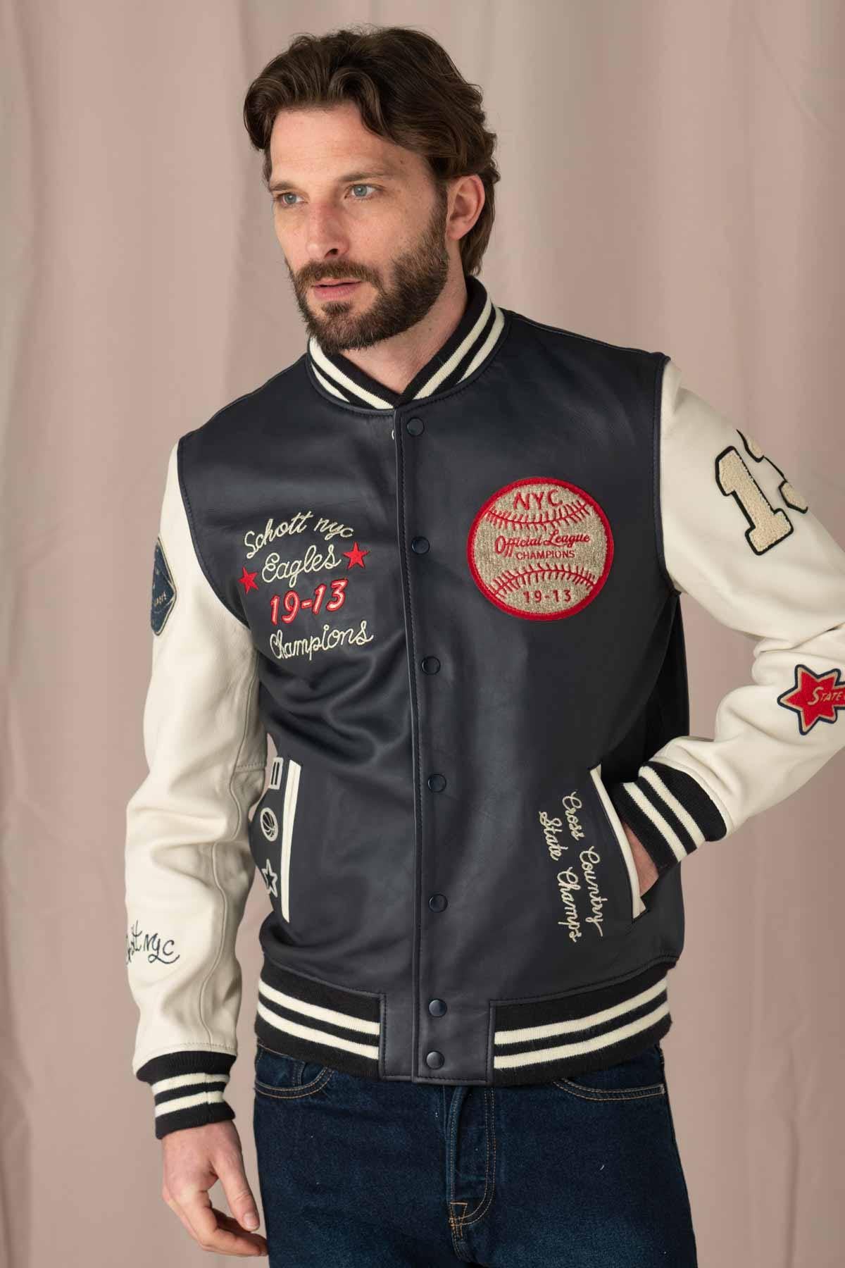 Varsity teddy in off-white and navy blue leather - Image n°4