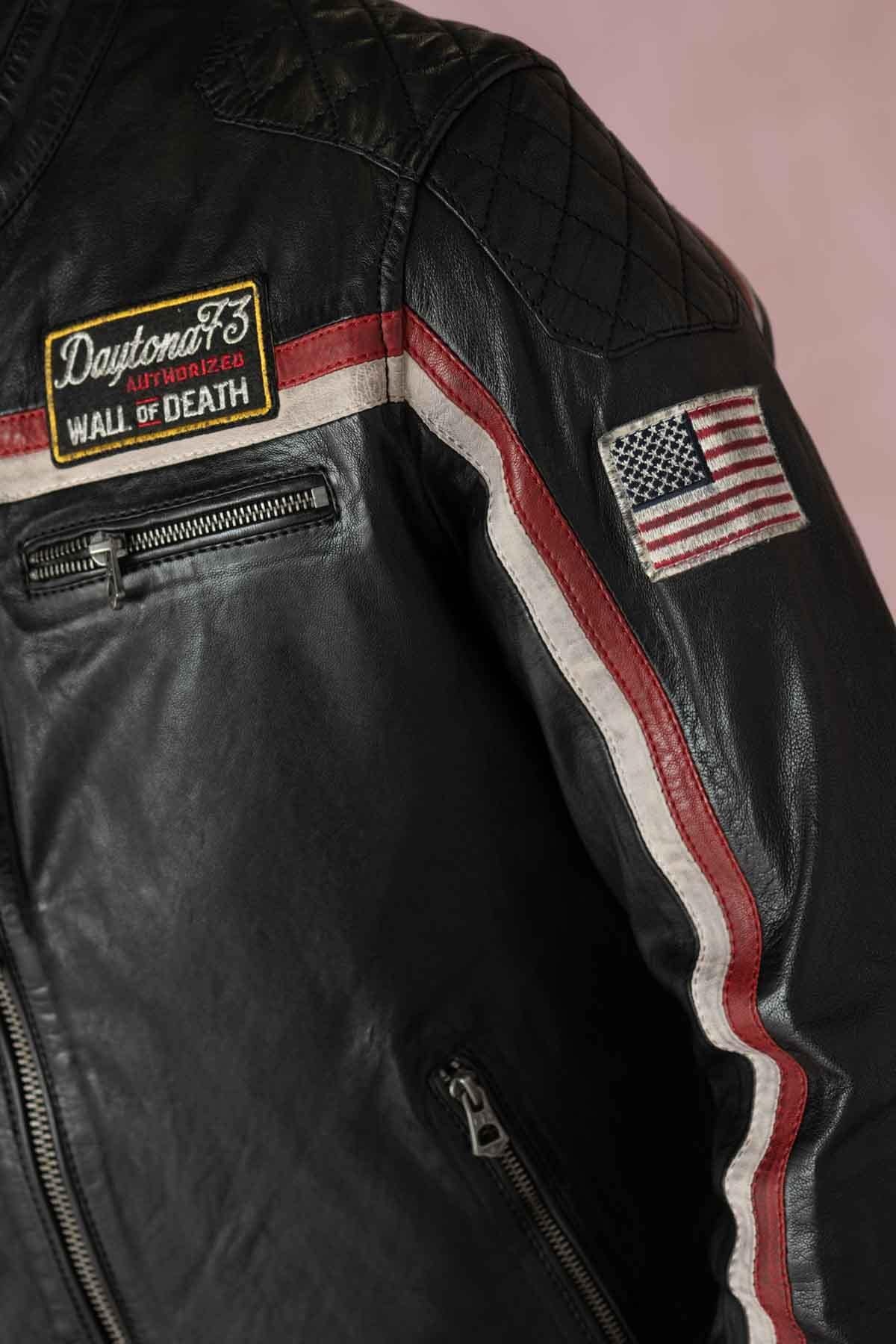 Black and red biker leather jacket with patches - Image n°3