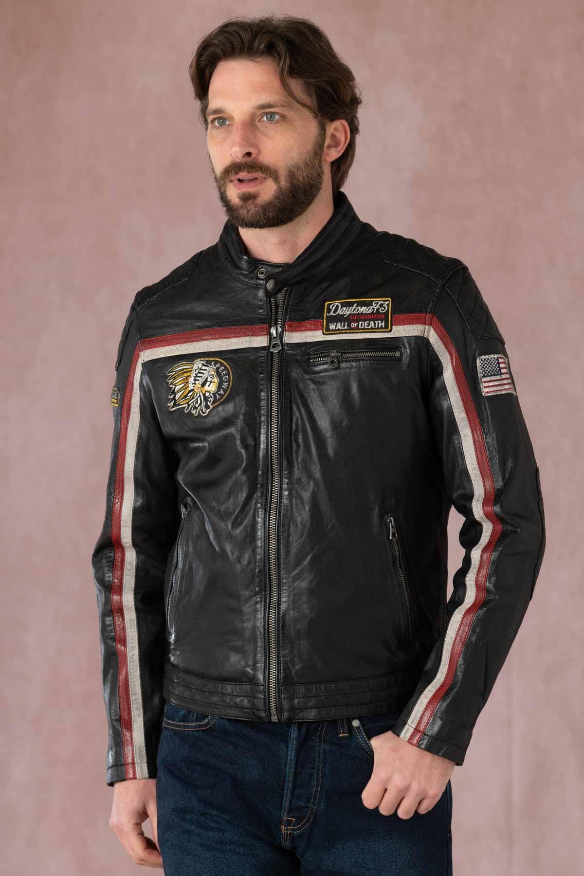 Black and red biker leather jacket with patches - Image n°1