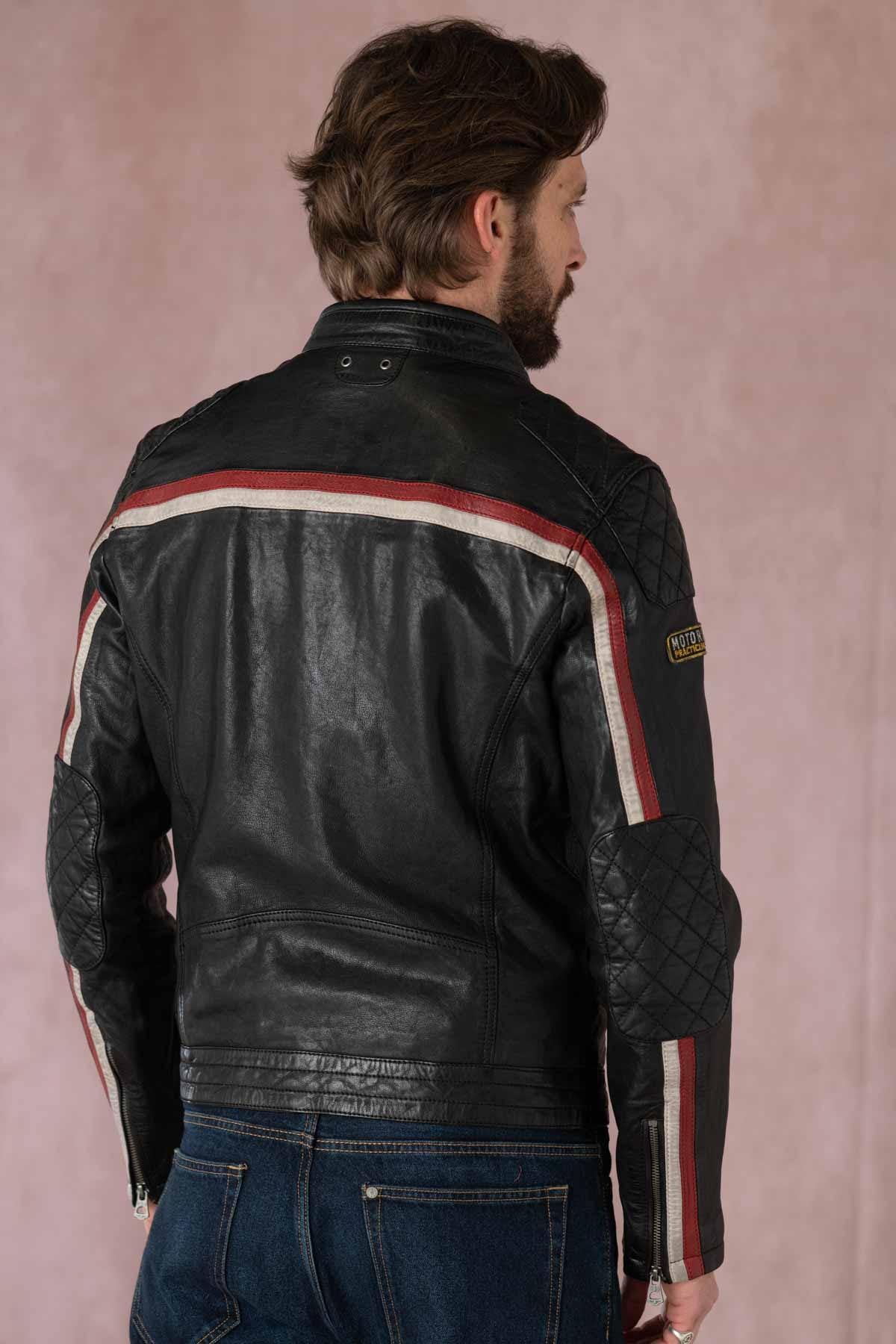 Black and red biker leather jacket with patches - Image n°5