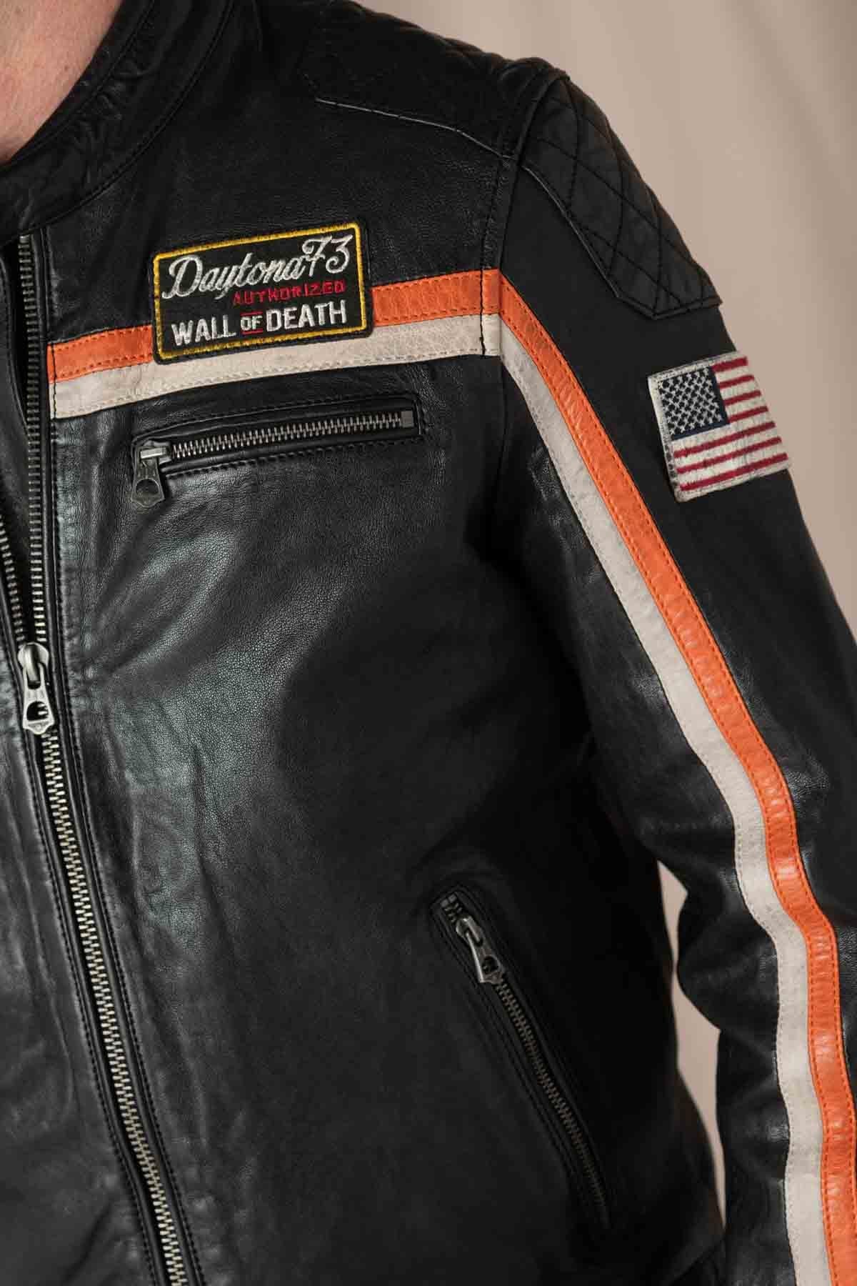 Leather jacket with biker collar and patches - Image n°3