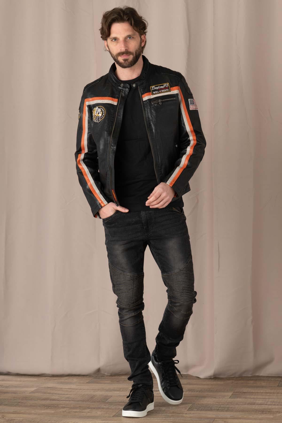 Leather jacket with biker collar and patches - Image n°2