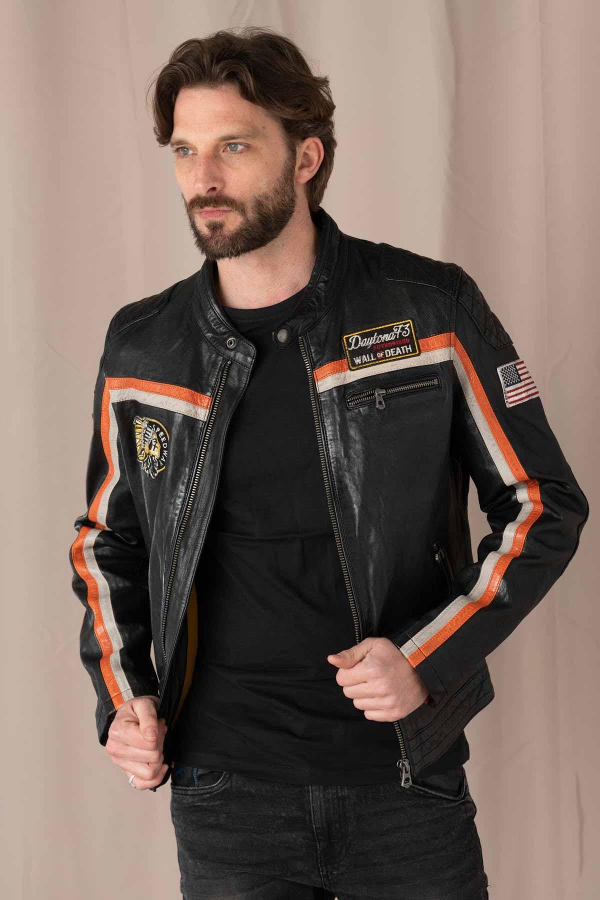 Leather jacket with biker collar and patches - Image n°4