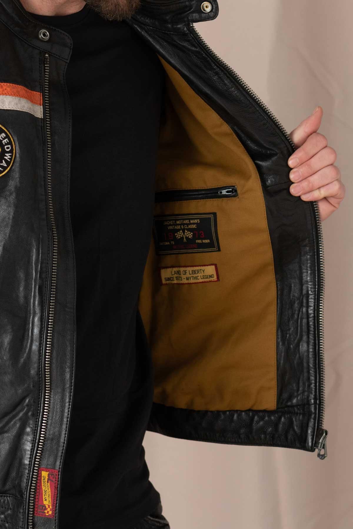 Leather jacket with biker collar and patches - Image n°6