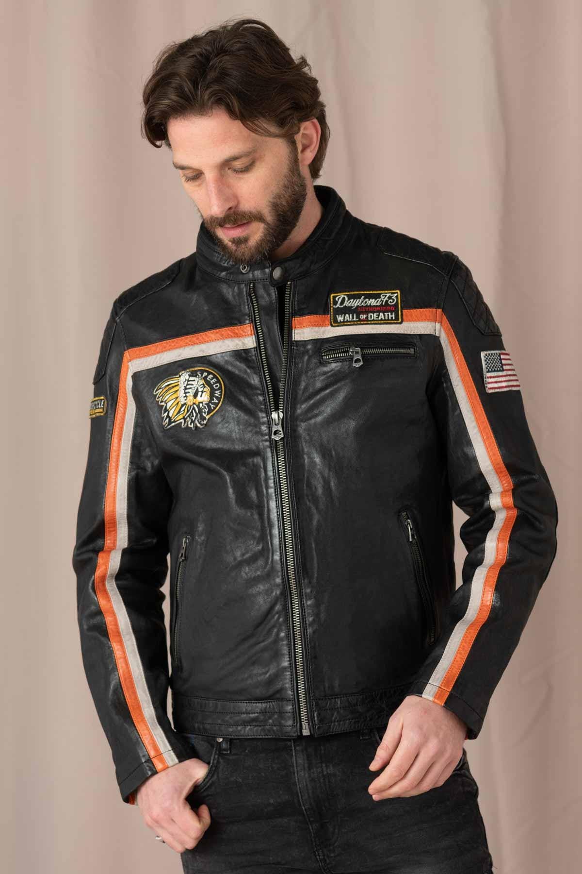 Leather jacket with biker collar and patches - Image n°1