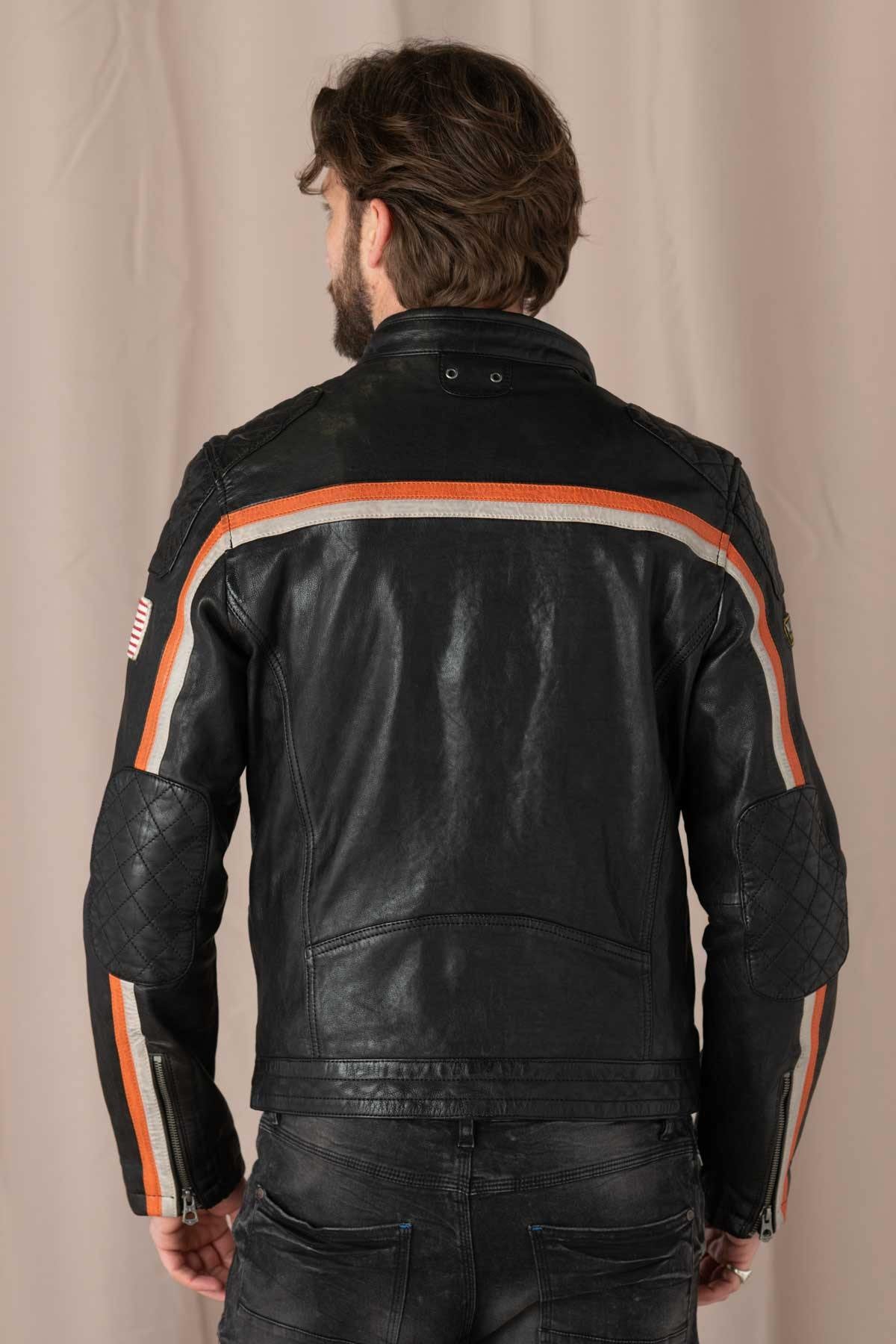 Leather jacket with biker collar and patches - Image n°5