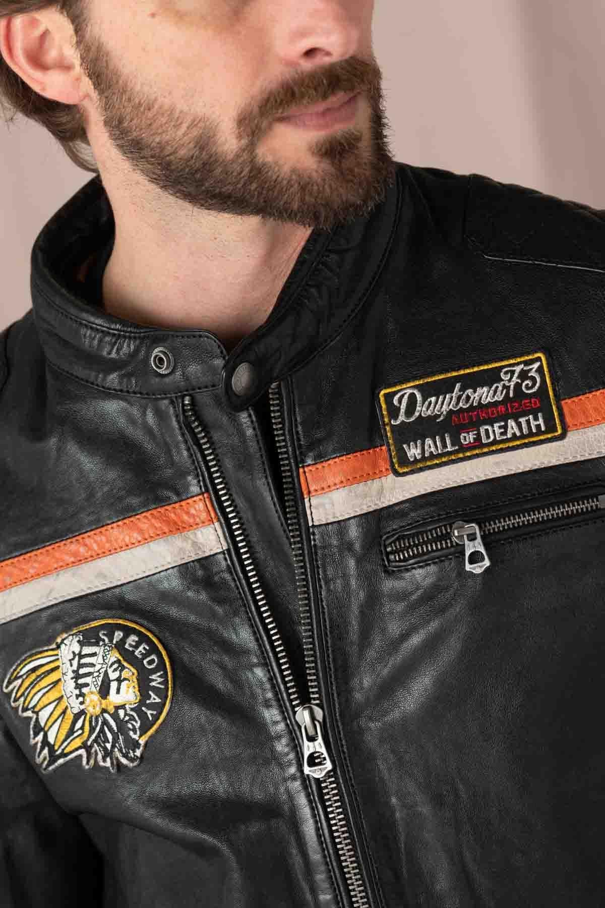 Leather jacket with biker collar and patches - Image n°7