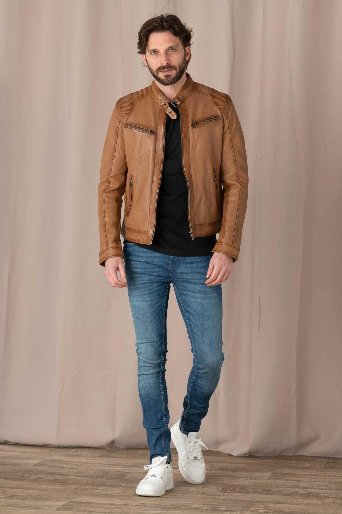 Caramel-colored leather jacket with biker collar - Image n°2