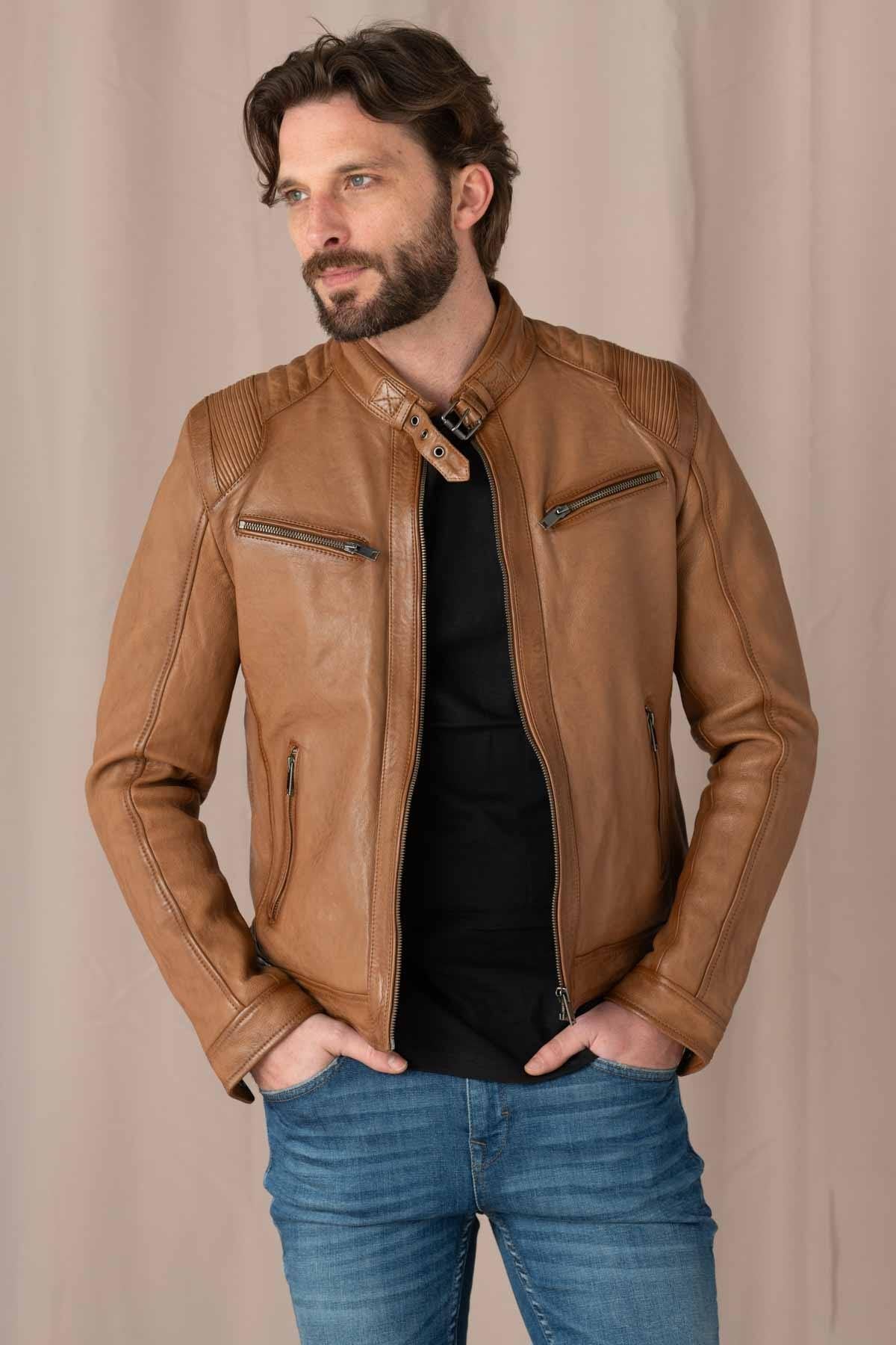 Caramel-colored leather jacket with biker collar - Image n°1