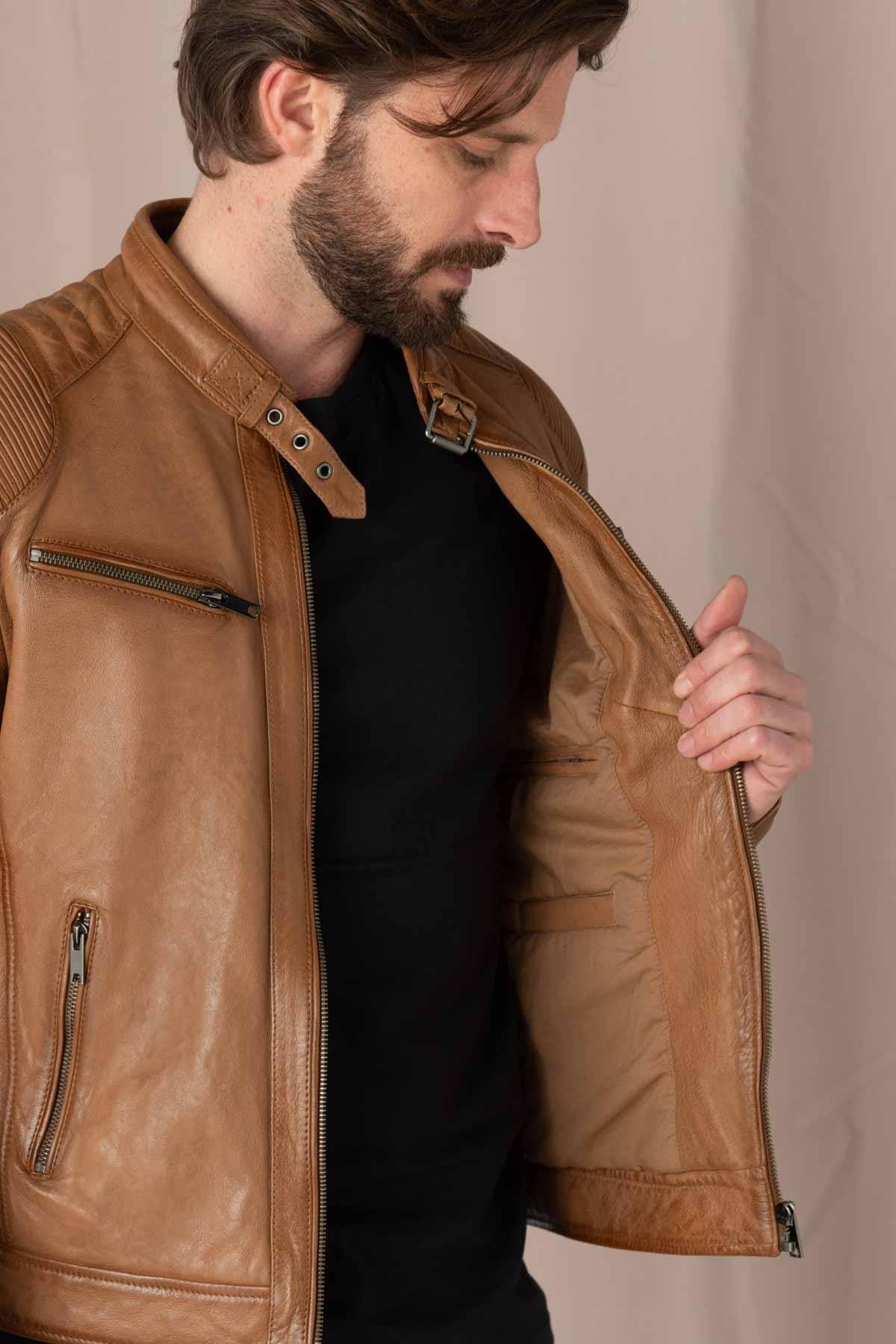 Caramel-colored leather jacket with biker collar - Image n°6