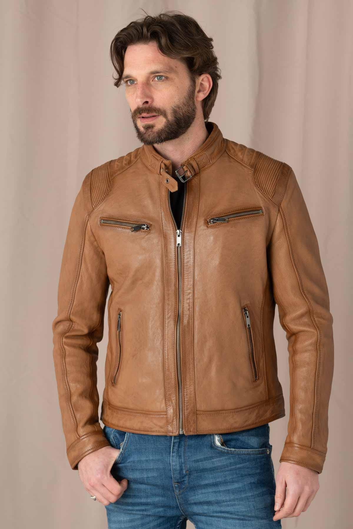 Caramel-colored leather jacket with biker collar - Image n°4