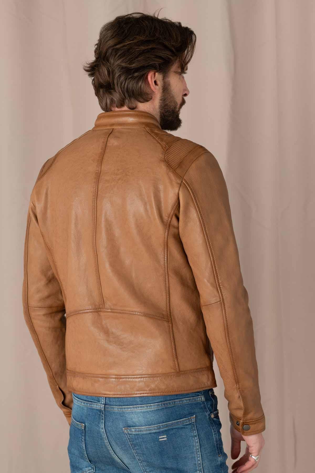 Caramel-colored leather jacket with biker collar - Image n°5