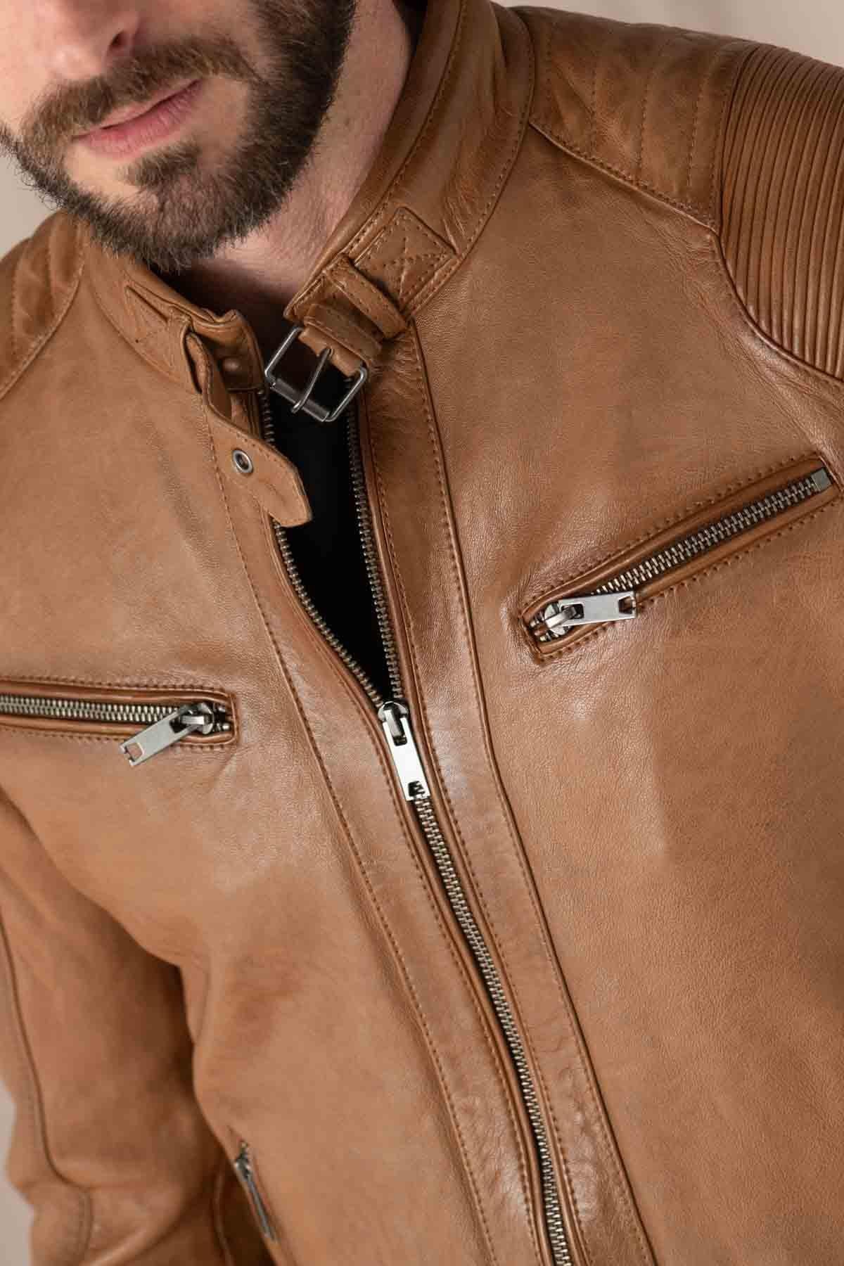 Caramel-colored leather jacket with biker collar - Image n°3