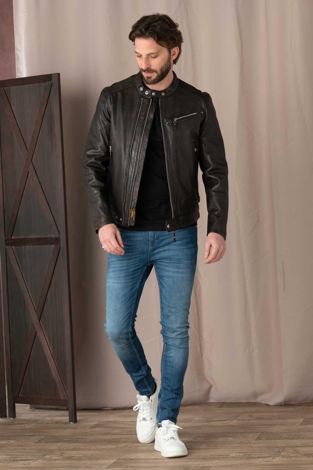 Black / cognac biker collar leather jacket with double zip - Image n°2