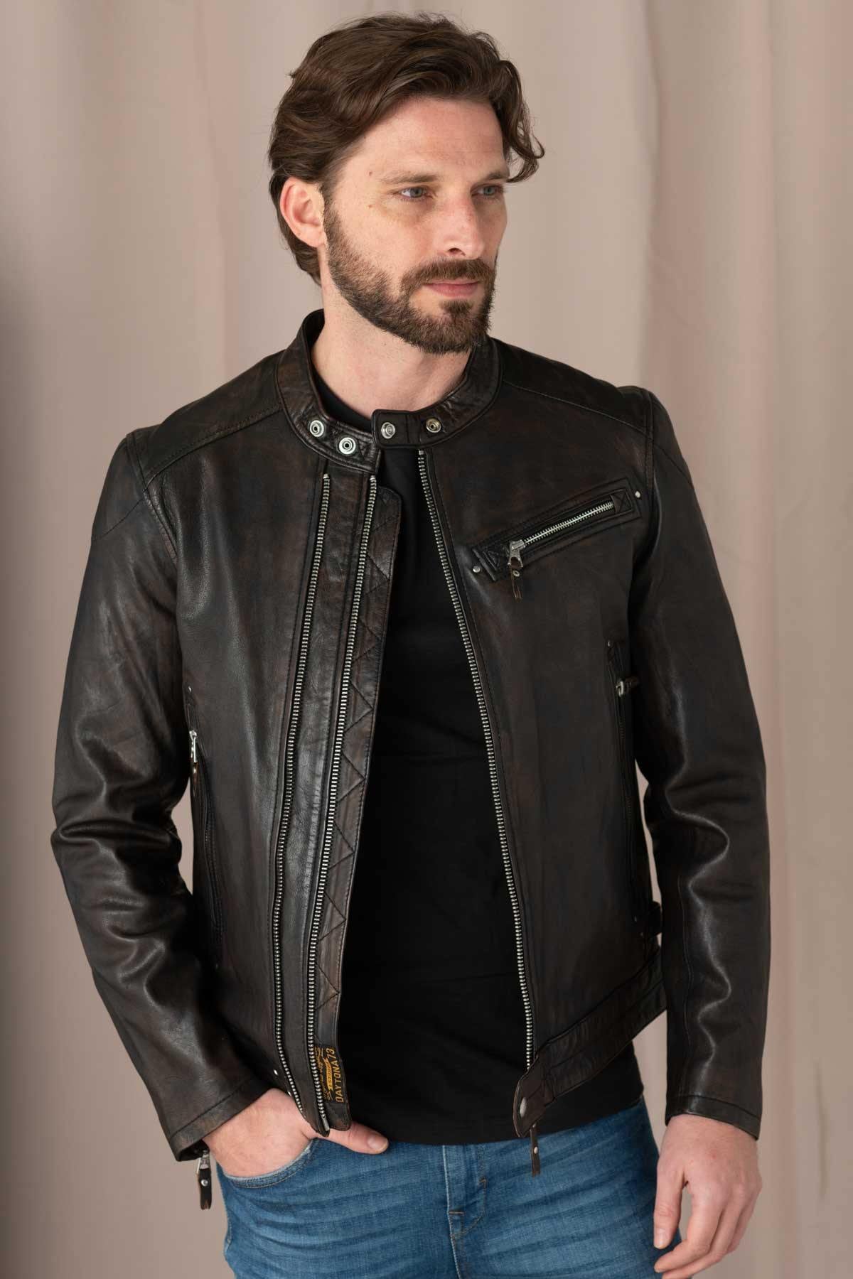 Black / cognac biker collar leather jacket with double zip - Image n°1